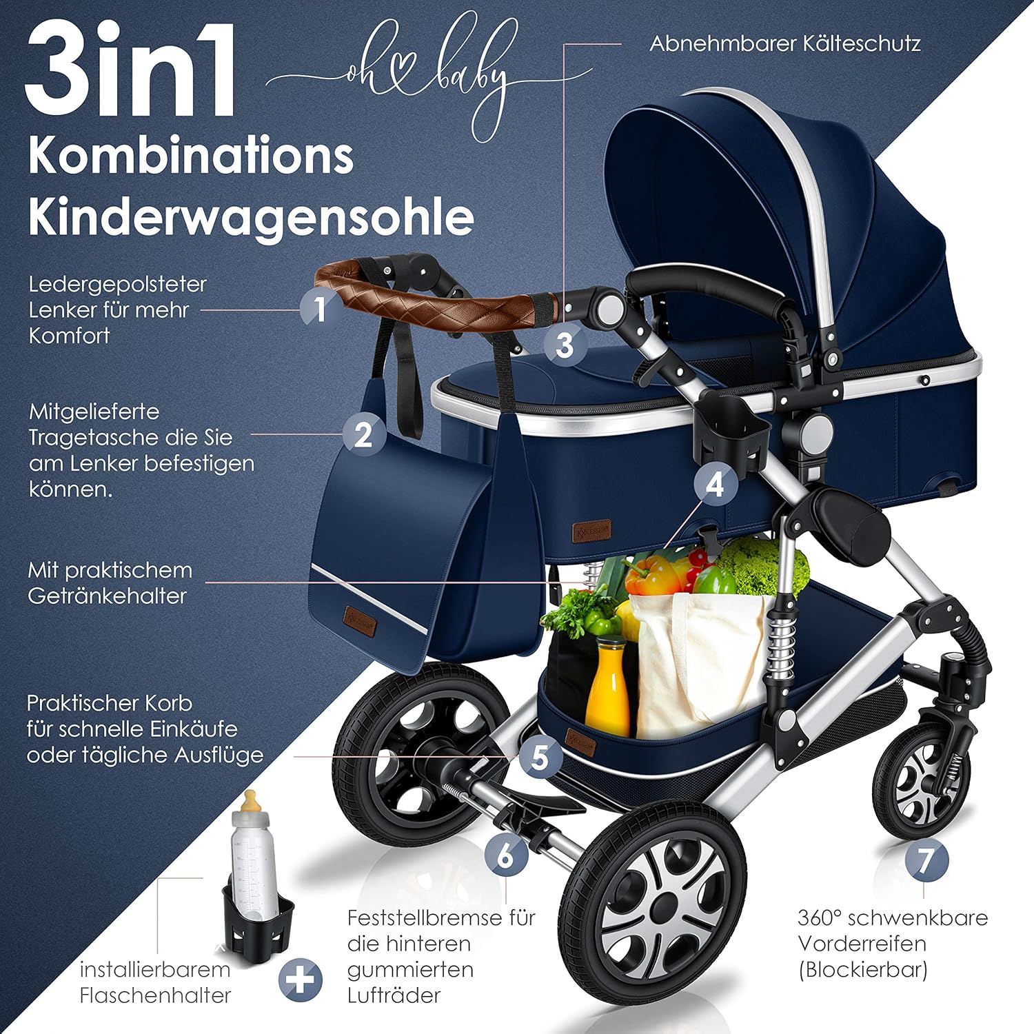 KESSER® Loops 3 in 1 Kinderwagen Kombikinderwagen Komplett-Set inkl. Babywanne & Buggy Sportsitz & Auto-Babyschale Voll-Gummireifen Wickeltasche Regenschutz Kindertisch ECE R129, Grau/Silber
