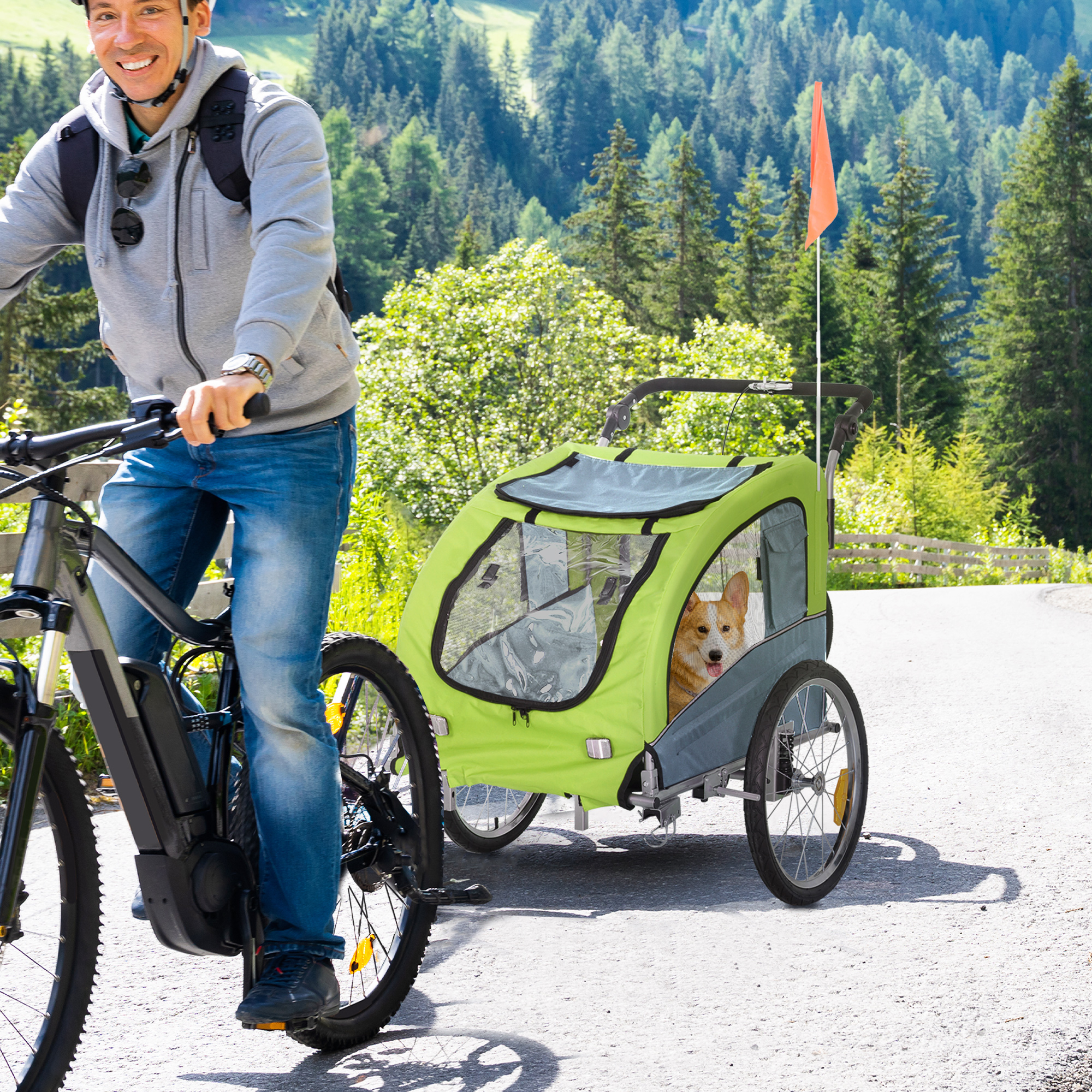 PawHut 2 in 1 hondenaanhanger fietskar jogger vlag regenhoes voor honden 4 kleuren