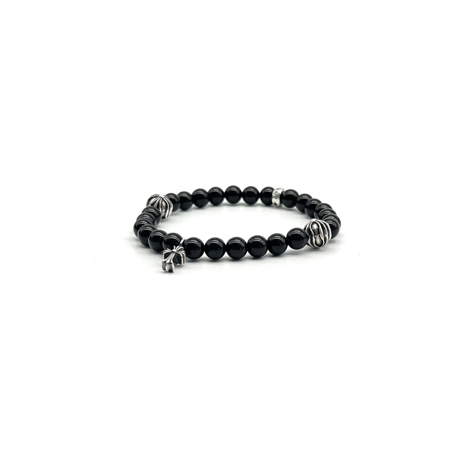Chrome Hearts Jewely 6mm Obsidian Silver Cross Beaded Bracelet