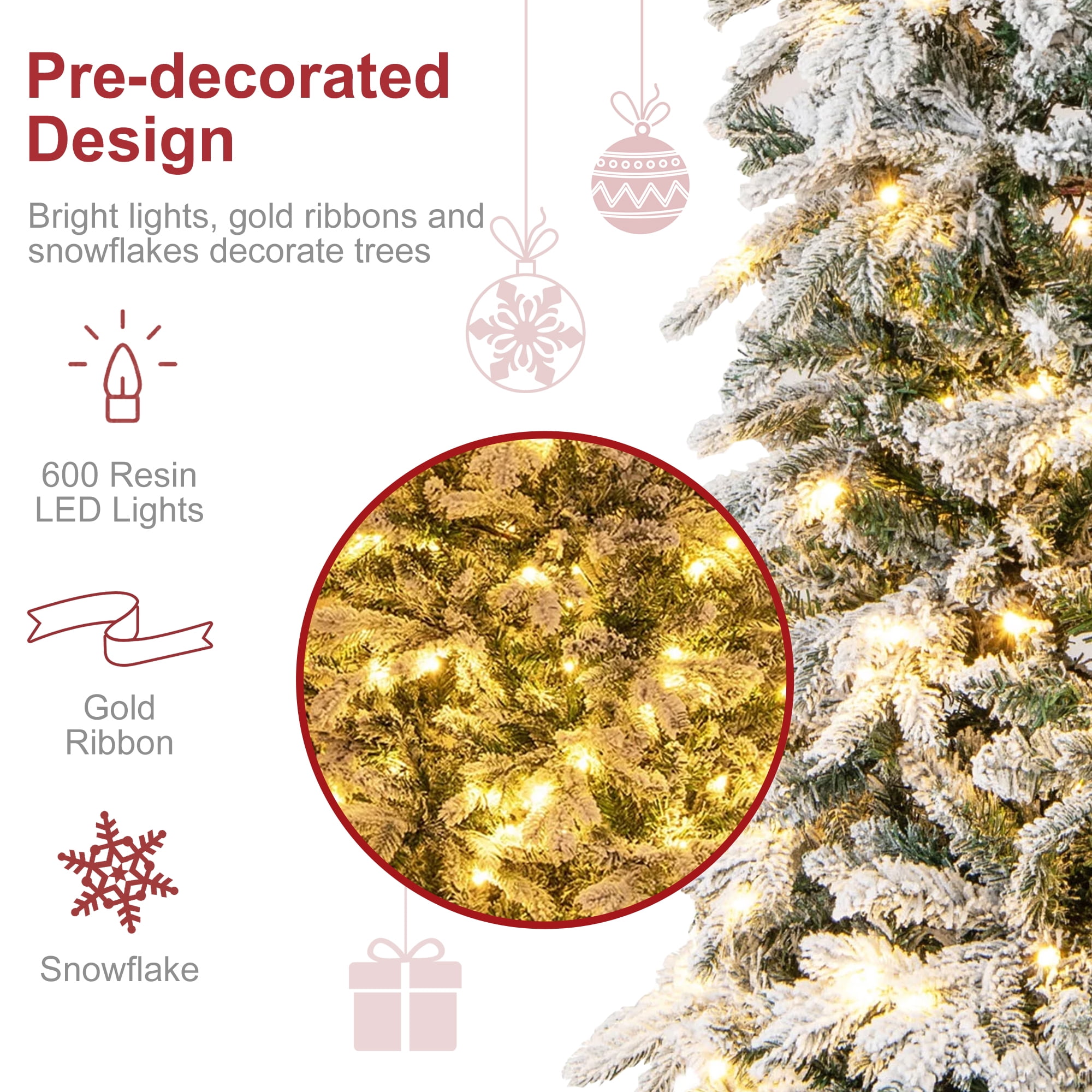 Vrilay 6ft Pre-Lit Snow Flocked Artificial Christmas Tree w/ 1000 Tips 300 Lights, Gold Ribbon & Snowflake Christmas Decorations
