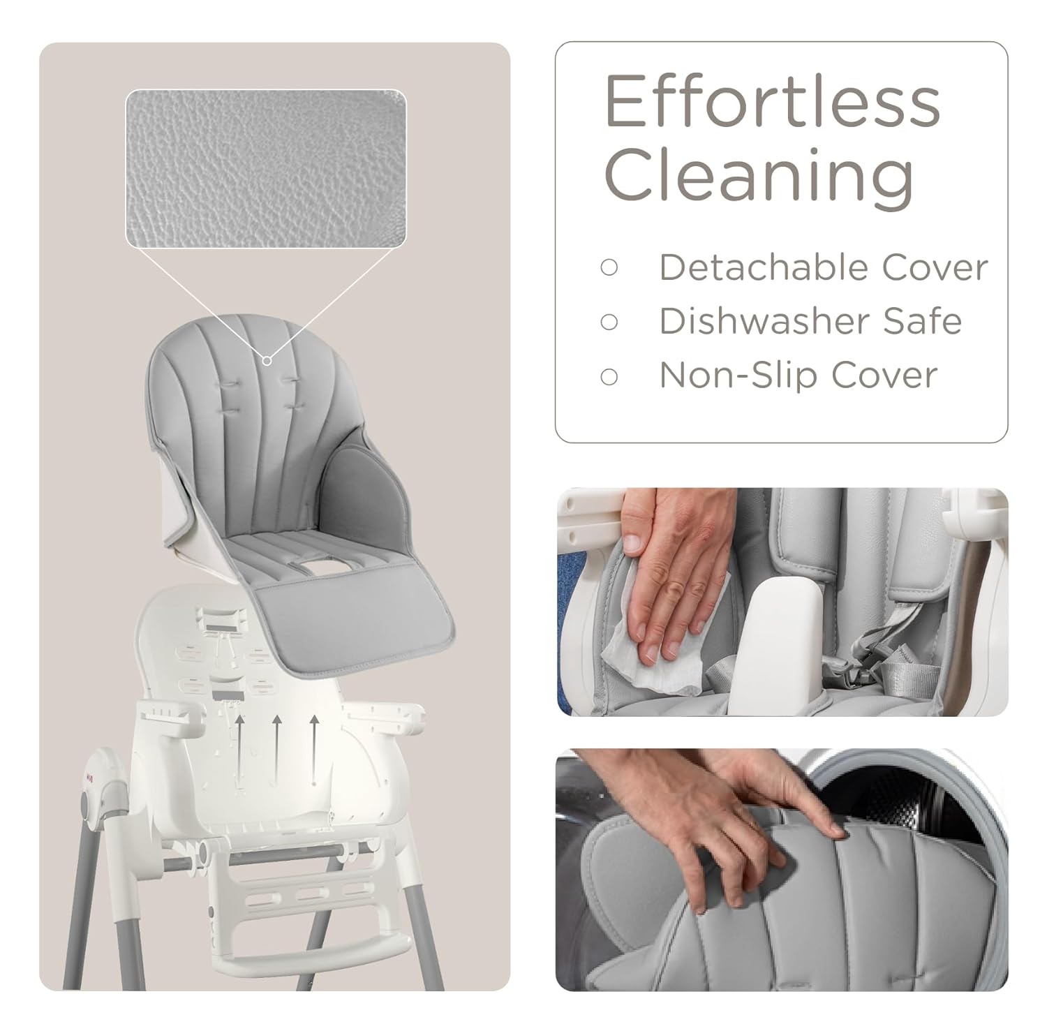 JBG Foldable Baby High Chair, Grey Faux Leather, Adjustable Height & Recline, Removable Tray, Locking Wheels, 5-Point Harness