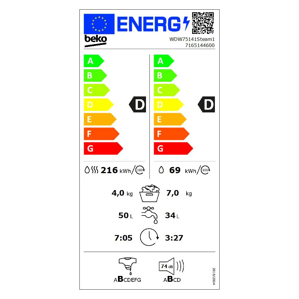 2025 Lavadora-secadora Beko WDW75141 Steam1 con puerta XL, 1400 rpm, con vapor