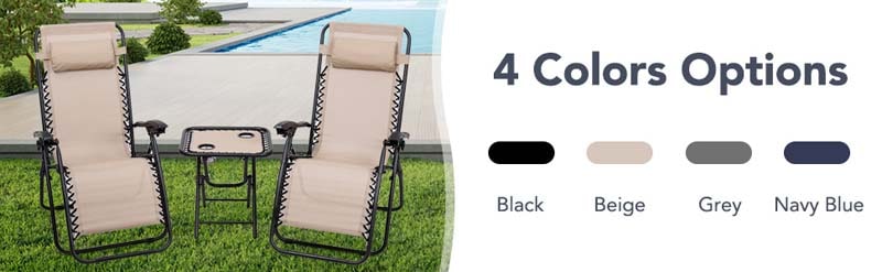 Eletriclife 3 Pieces Folding Portable Zero Gravity Reclining Lounge Chairs Table Set
