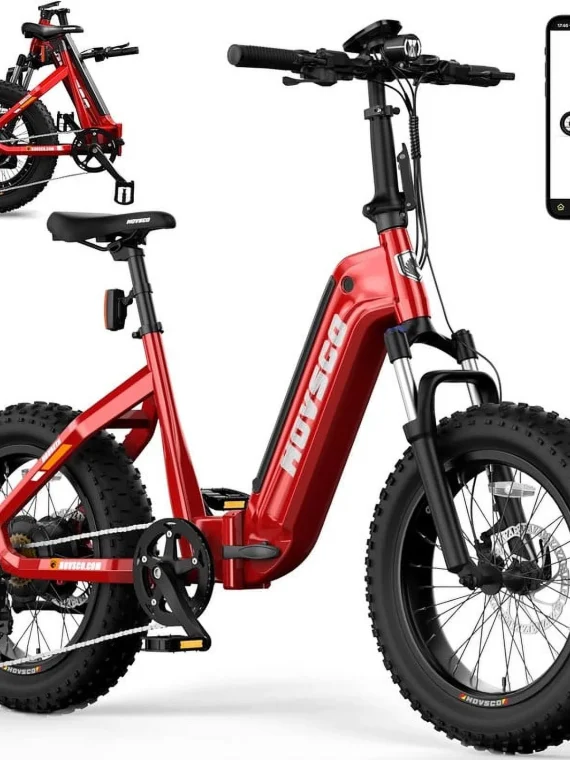 HOVSCO Folding Electric Bike, 750W Step-Thru 20 inch Fat Tire Ebike, 28 MPH, 48V 15Ah Removable Battery, Dual Hydraulic Suspension & Brake, Red