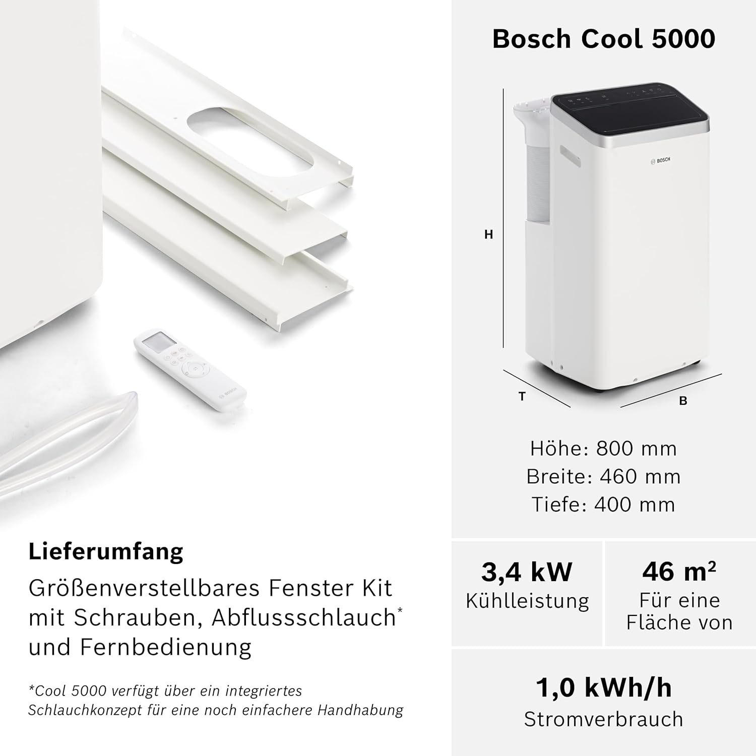 Bosch Cool 4000 Mobiles Klimagerät - 3-in-1: Klimagerät, Luftentfeuchter, Ventilator - 2,6 kW für Räume bis zu 35m² - Mit Auto-Modus, Silent-Modus & Sleep-Modus