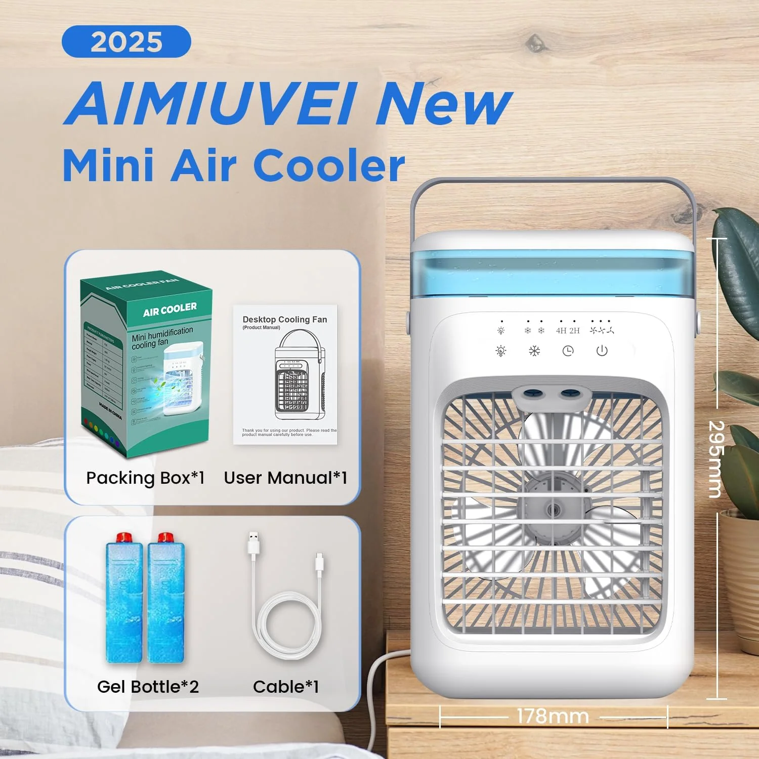 AIMIUVEI Mini Aire Acondicionado Portátil, Enfriador de Aire 5 en 1, Ventilador con Tanque de 1000 ml, 3 Velocidades, 2 Modos de Nebulización, Temporizador de 2-4 horas, Ventilador Refrigerador con 7 Luces LED para Dormitorio y Oficina