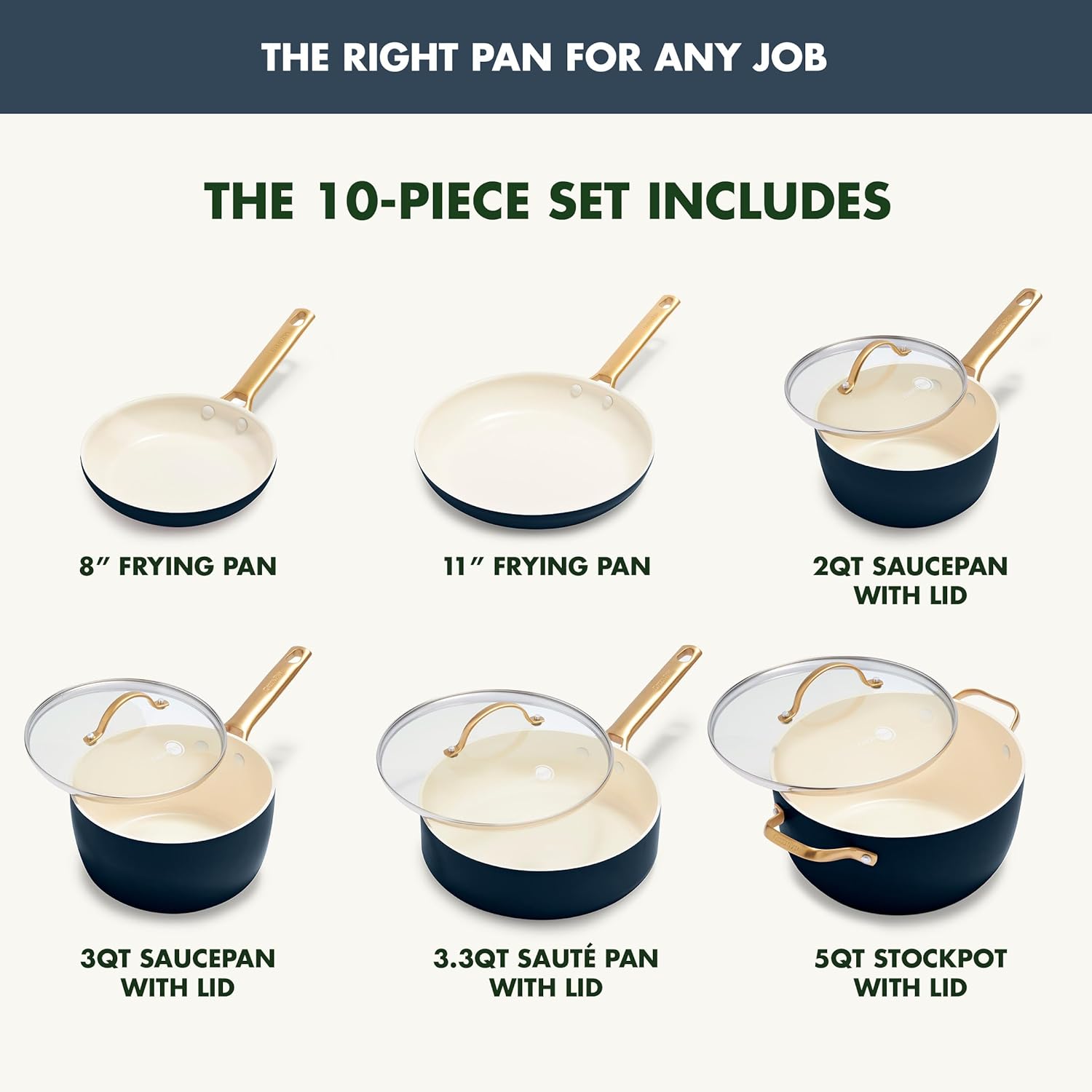 Reserve Hard Anodized Healthy Ceramic Nonstick 10 Piece Cookware Pots and Pans Set, Gold Handle, PFAS-Free, Dishwasher Safe, Oven Safe, Black