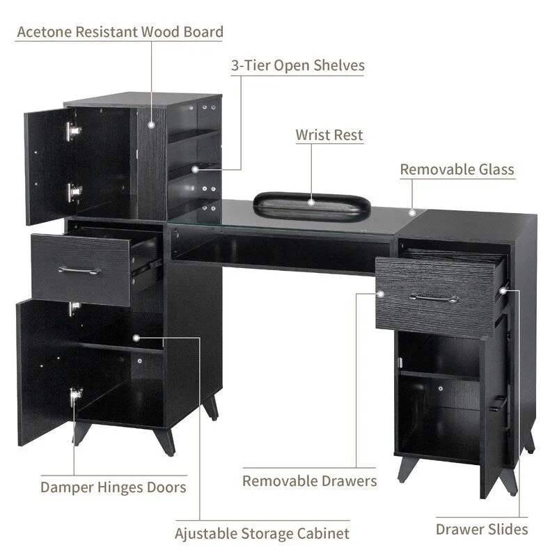 Embossed Particle Board Tempered Glass 55 W Manicure Table
