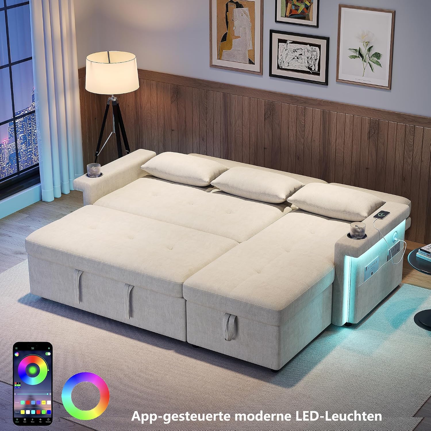 ladez Sofá Cama esquinero en Forma de L con función de Dormir con LED y Conexiones USB, Respaldo Ajustable, sofá esquinero de 3 plazas con Espacio de Almacenamiento, Chaise Longue para salón
