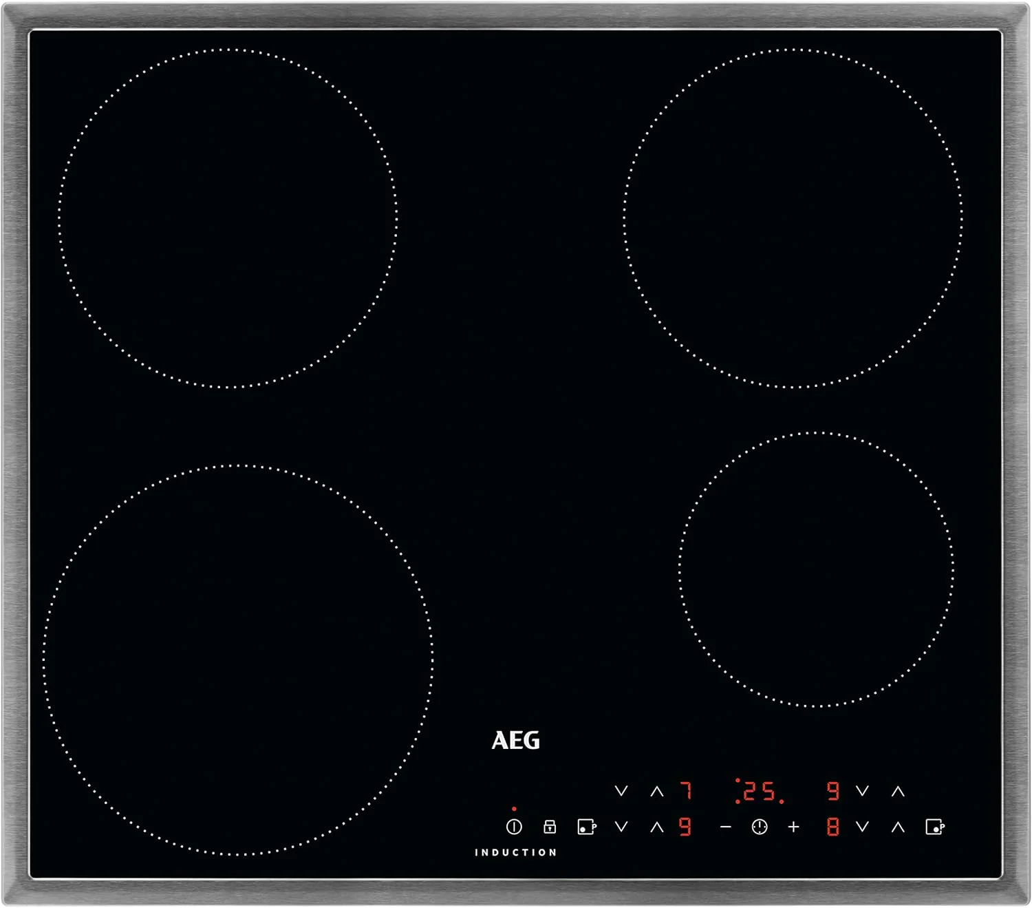 AEG Induktionskochfeld autark 60cm / 4 Zonen mit 2x Power-Funktion f��r schnelles Kochen / 9 Stufen / Edelstahlrahmen / Timer / Touch-Bedienung / Kindersicherung / Restw?rmeanzeige / IKB6430AMB