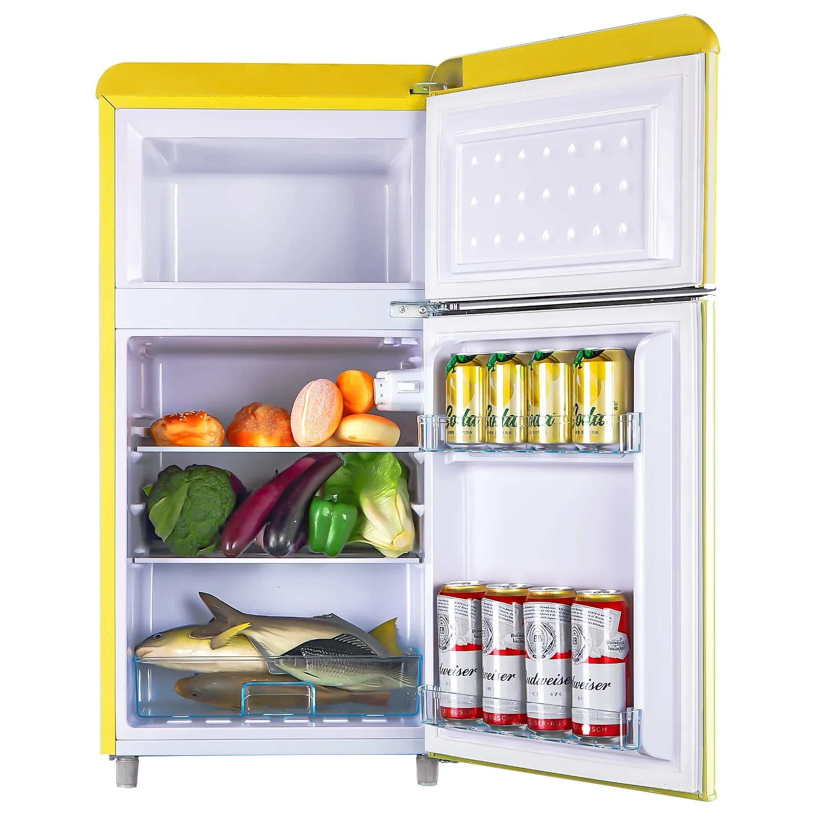 Mini refrigerador WANAI, 3.5 pies cúbicos, doble puerta con congelador, amarillo