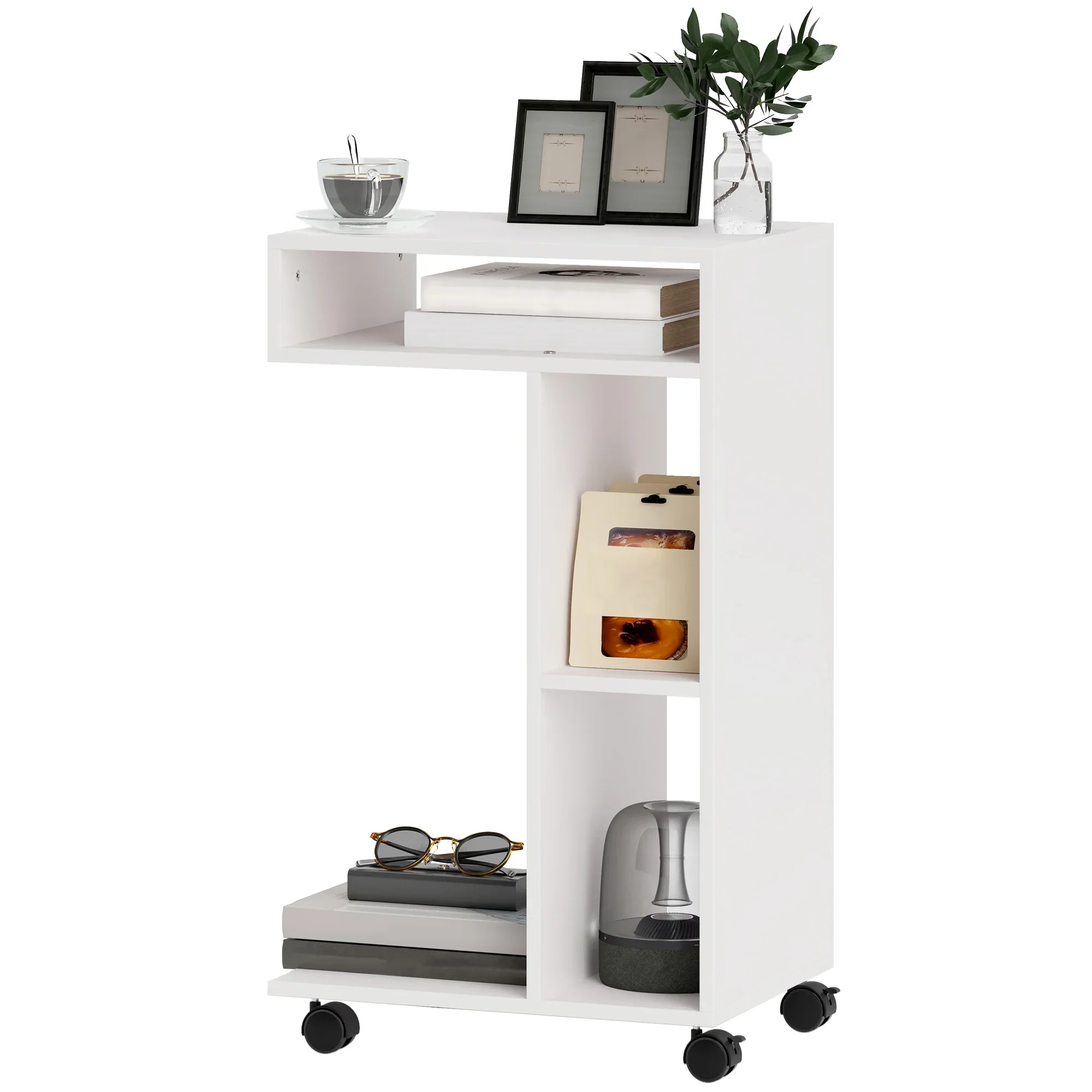 HOMCOM Bijzettafel C-vorm met wielen en planken Wit