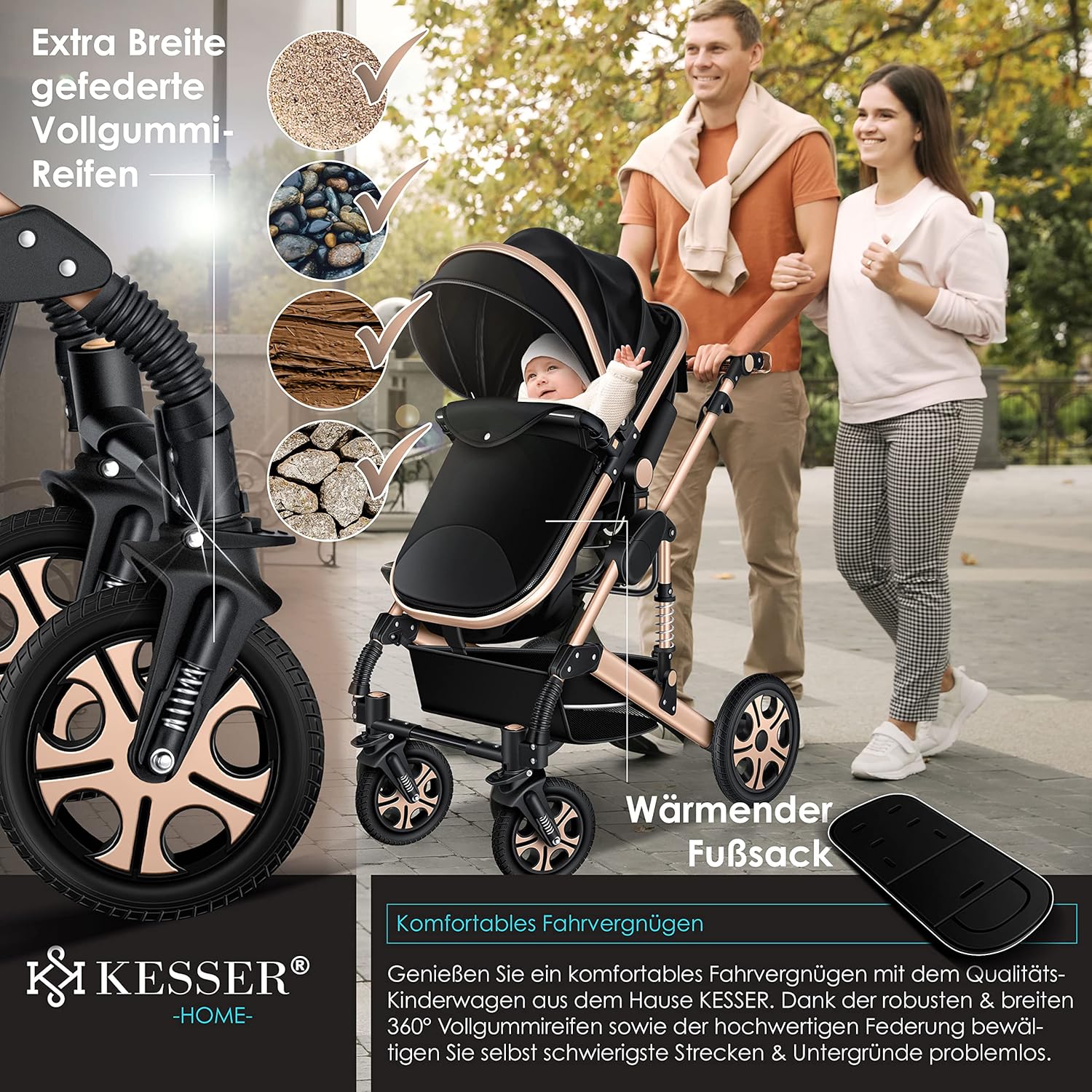 KESSER® Loops 3 in 1 Kinderwagen Kombikinderwagen Komplett-Set inkl. Babywanne & Buggy Sportsitz & Auto-Babyschale Voll-Gummireifen Wickeltasche Regenschutz Kindertisch ECE R129, Grau/Silber