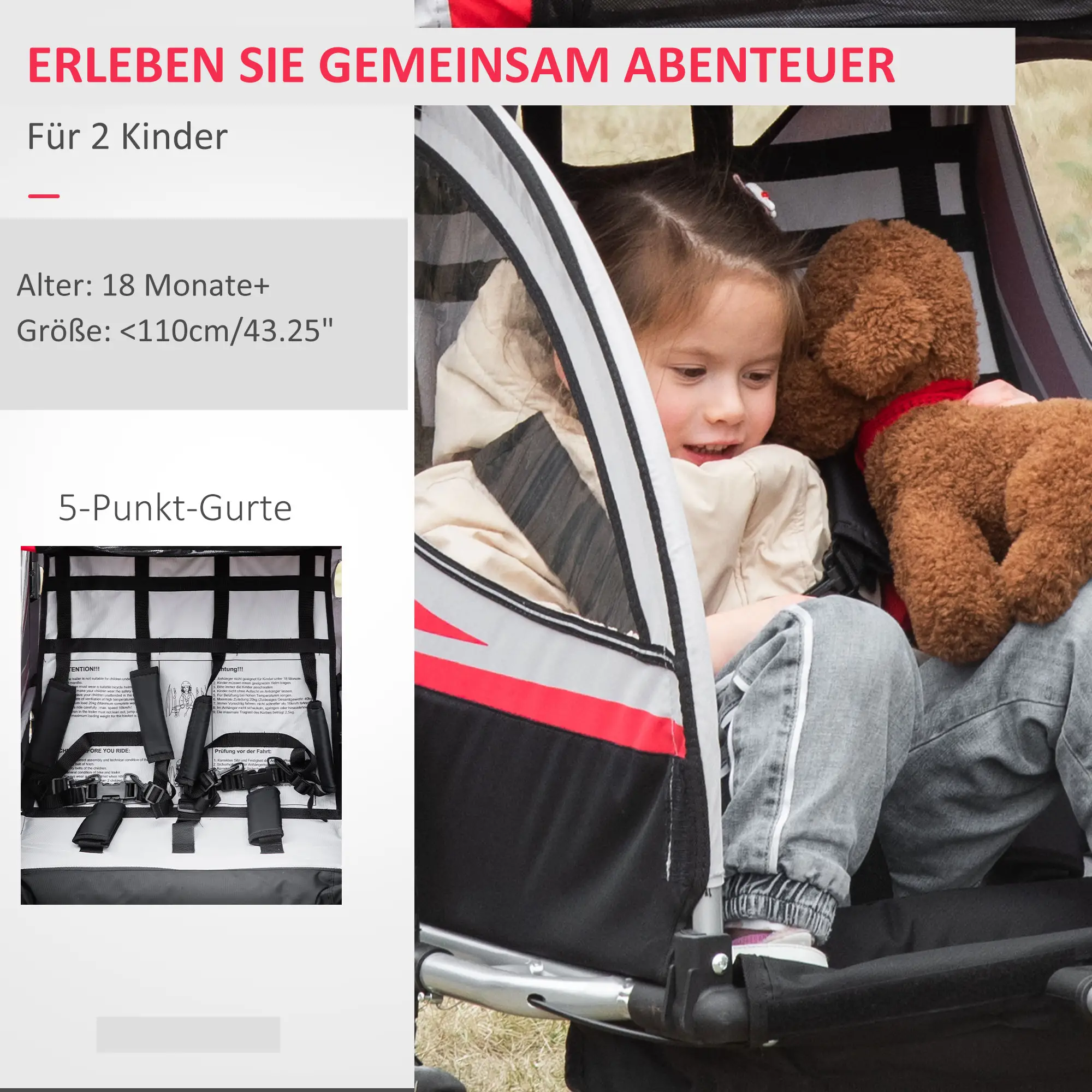 HOMCOM Kinderfahrradanhänger 2in1 Schiebewagen sichere Fahrt rot