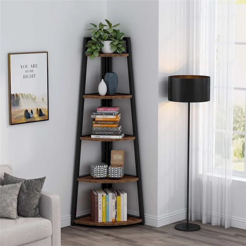 Rustic Brown 5-Tier Corner Shelf Storage Tower for Bathroom