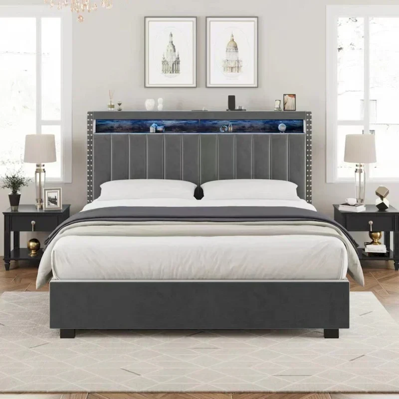 King Size Velvet Gas Lift Storage Bed with LED RF Lights and Storage Headboard