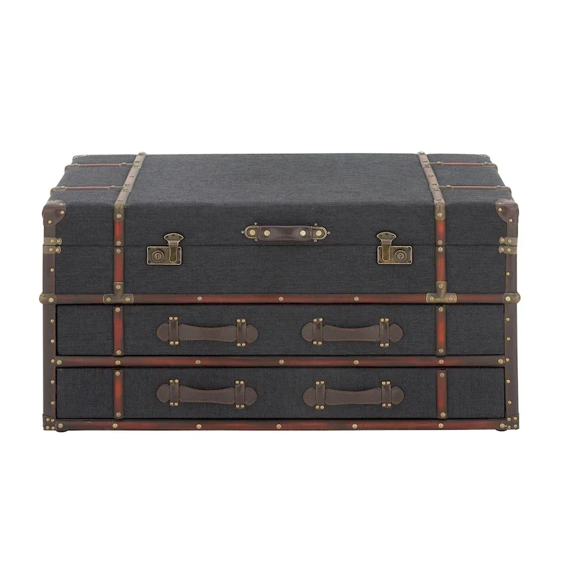 Roche River Decor Faux Leather or Linen Fabric Coffee Table Trunk with 2 Drawers and Buckle Hinged Top - Available in Dark Blue or Brown