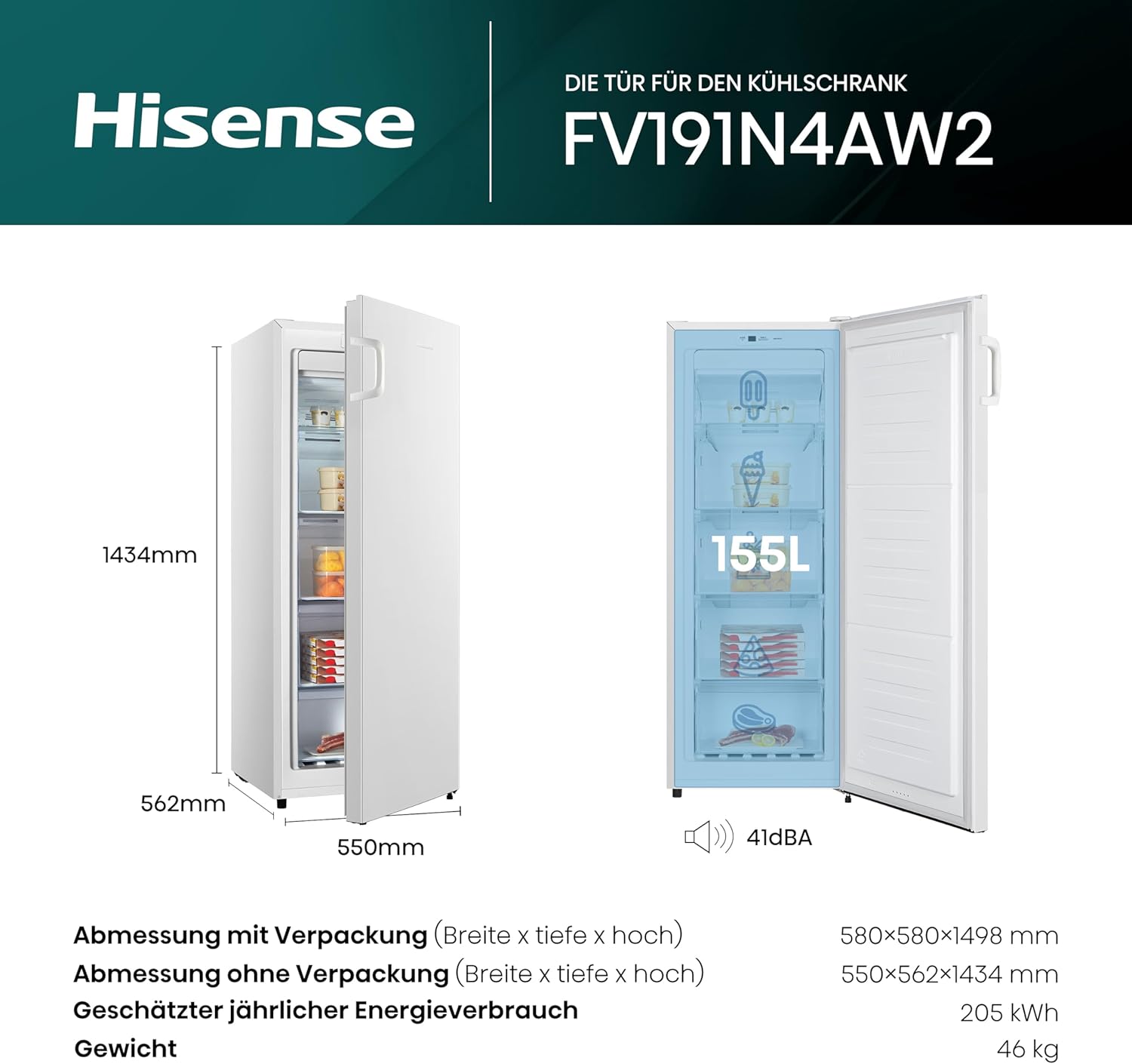 Hisense FV191N4AW2 Gefrierschrank/ TotalNoFrost/ SuperFreeze/ Türalarm/ Multiflow 360°/ BigBox/ 143,4 cm/ Gefrierteil 147 l/ 41 dB/ 205 kWh/Wei