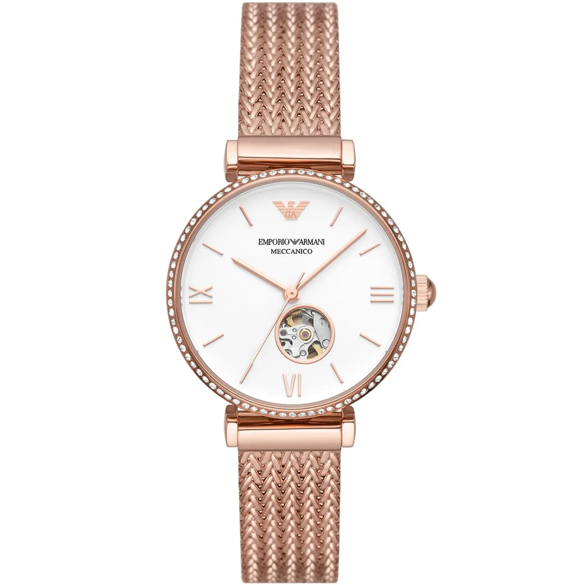Emporio Armani Meccanico Automatic White Dial Rose Gold Mesh Strap Watch For Women - AR60063 - AR60063