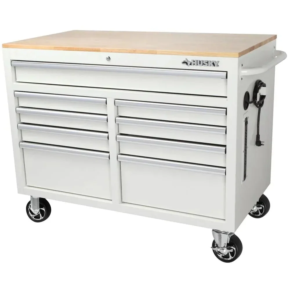 Mobile workbench with 9 drawers, hardwood top and power connection, 117 cm W x 62 cm D – high-gloss black