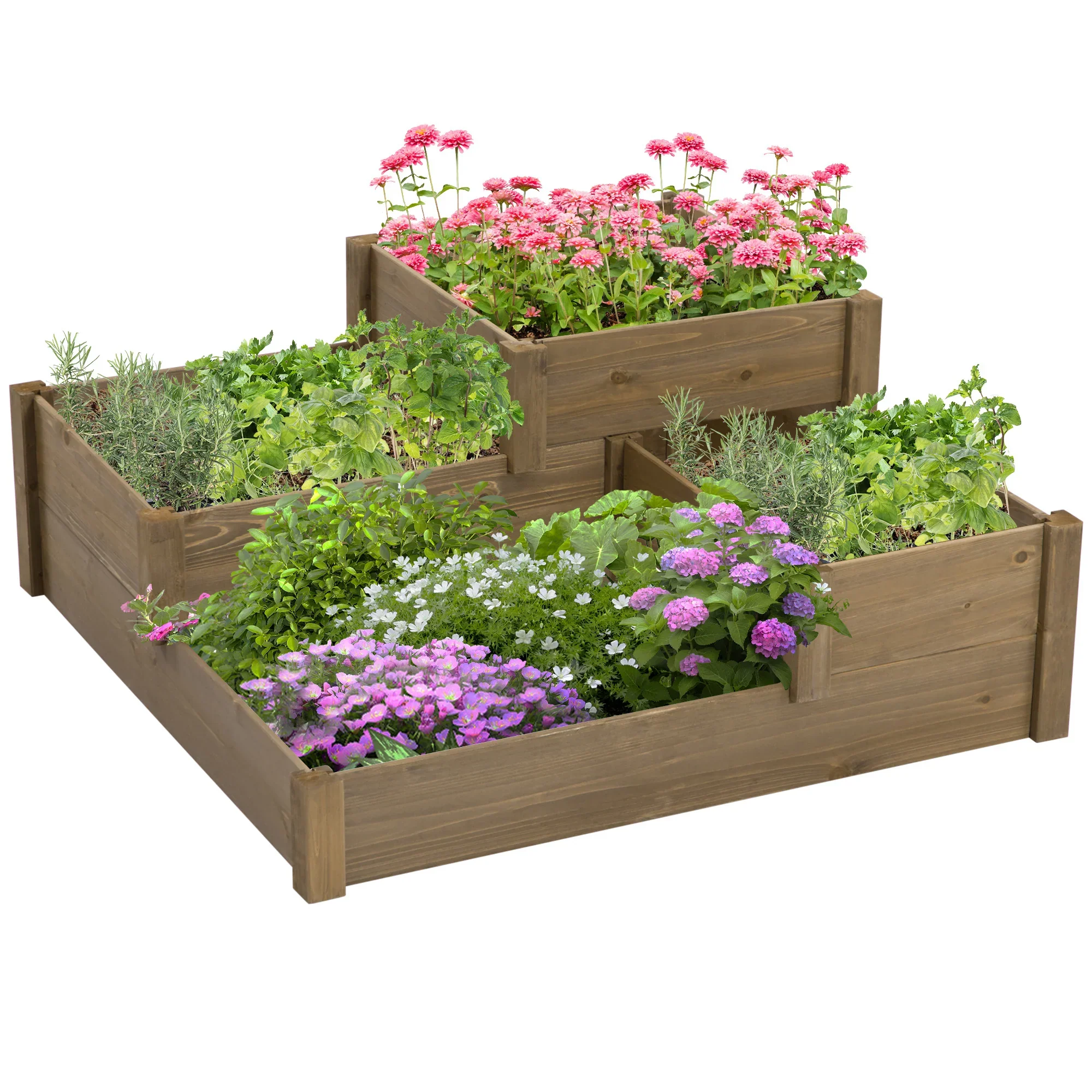 Outsunny Verhoogd moestuinbed Plantenbak Buiten 4 Vakken Massief Hout