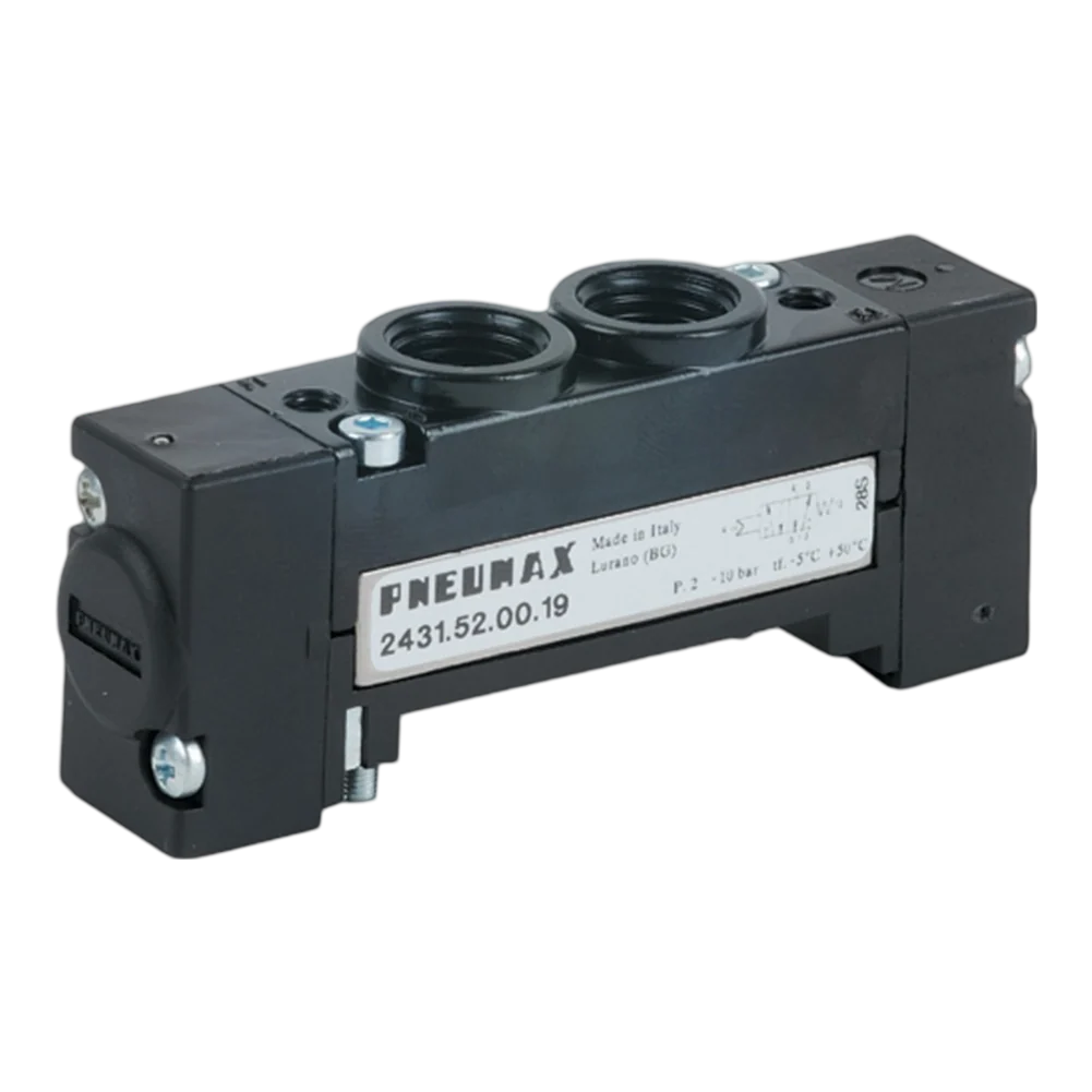Pneumax 2431.52.00.39.52 G1/4 18mm FLAT 5/2 Solenoid/Spring 24Vdc (2 Pos O'ride)