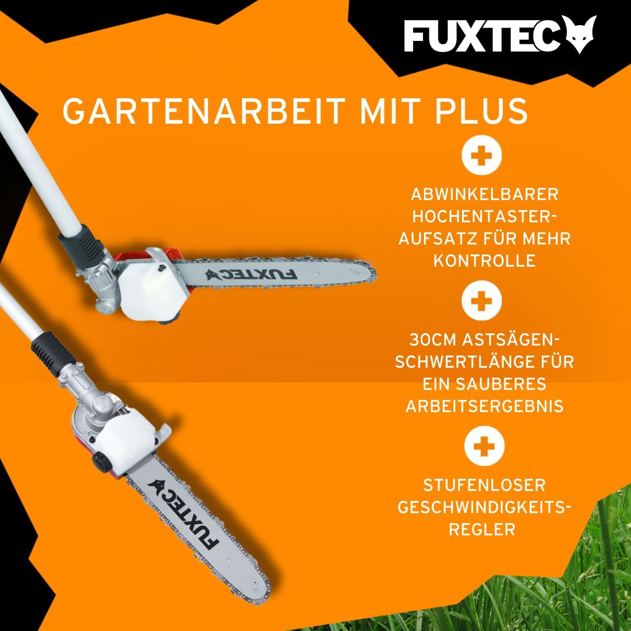 FUXTEC Benzin Motorsense FX-MT252ER 5in1 Multitool, 52 ccm, Tragegurt inkl. 1m Verlängerung 3 PS Kombigerät Heckenschere mit verstellbarem Hochentaster Kombisystem Freischneider 2-Takt