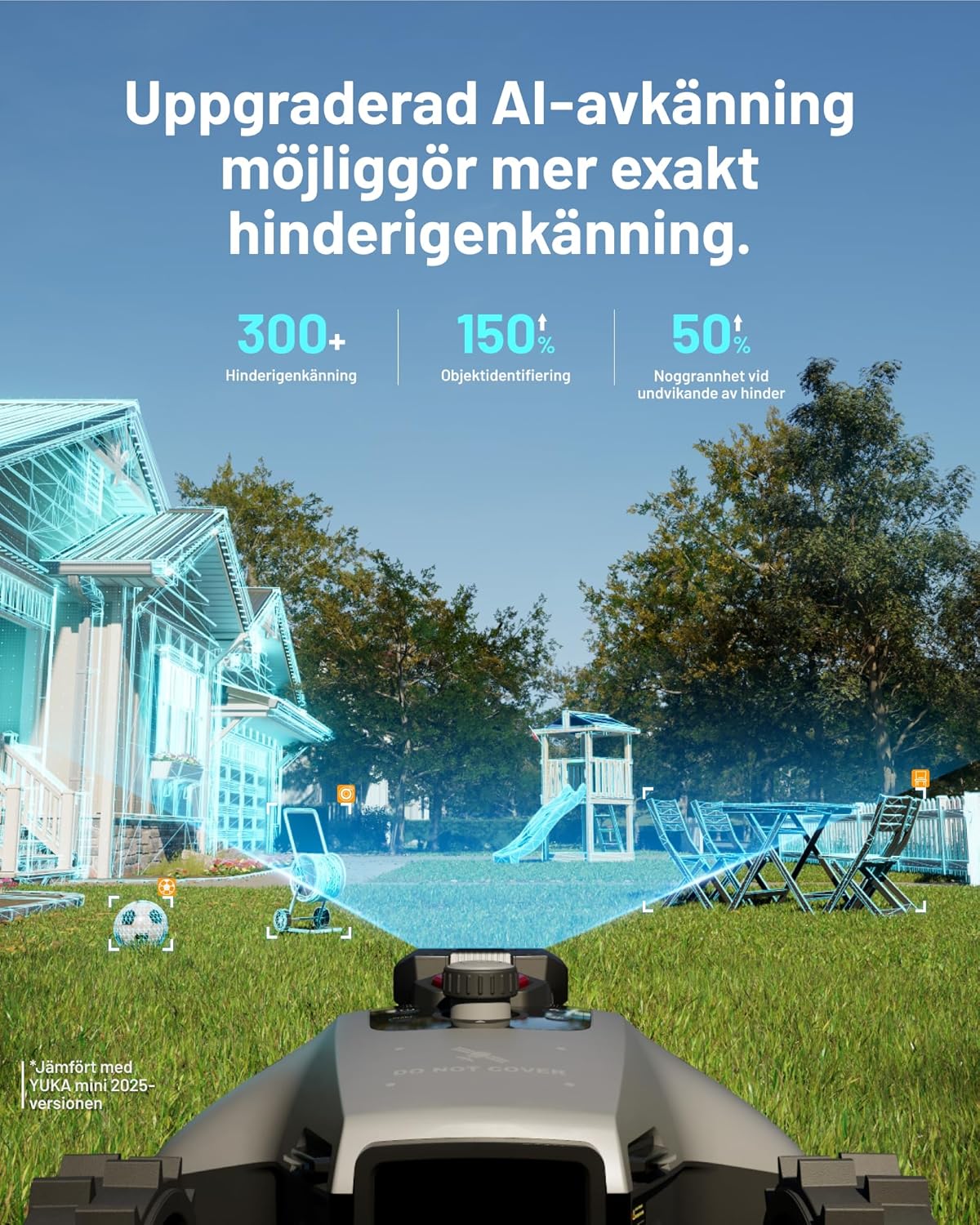 MAMMOTION YUKA mini 2500 robotgräsklippare utan gränskabel, ingen signalförlust, ingen RTK, AI-bildbehandling med tre kameror, DropMow, 45 % lutning, automatisk mappning, upp till 500 m2