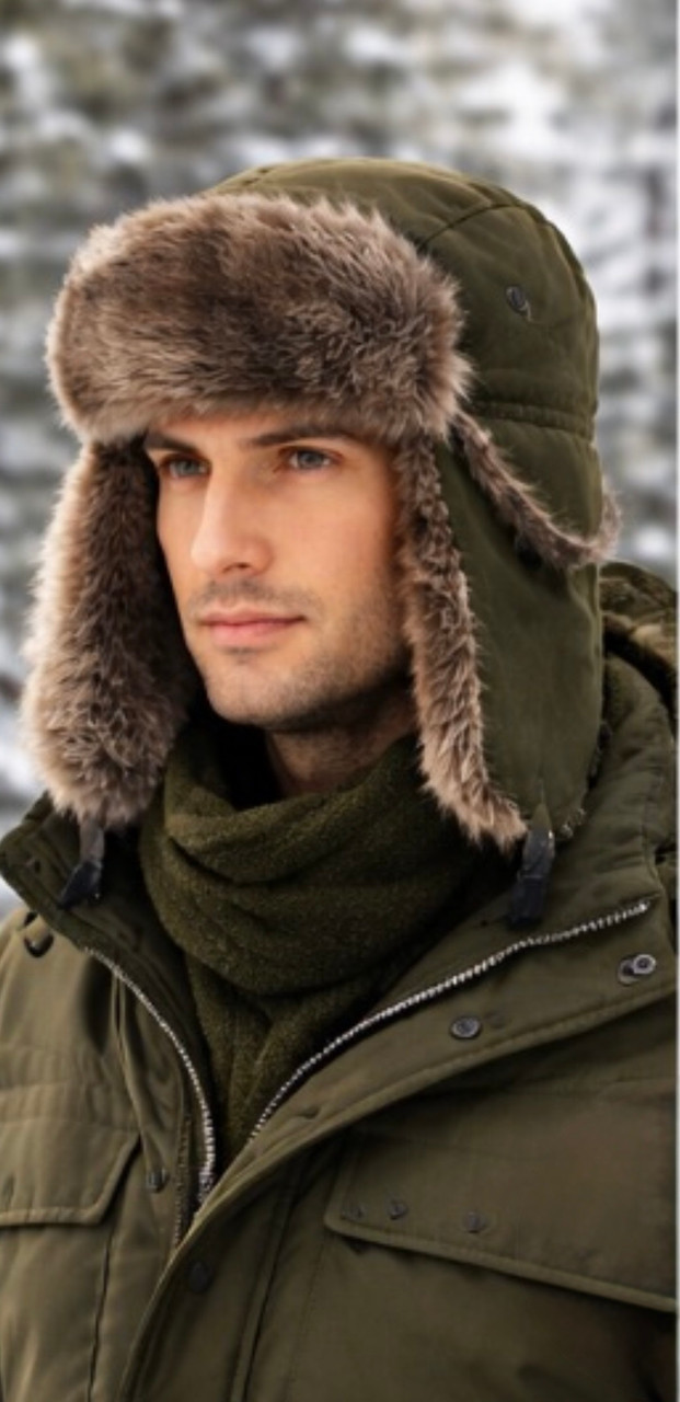 12 PACK Olive Trapper Hat | Grey Faux Fur 5831OD  22.5