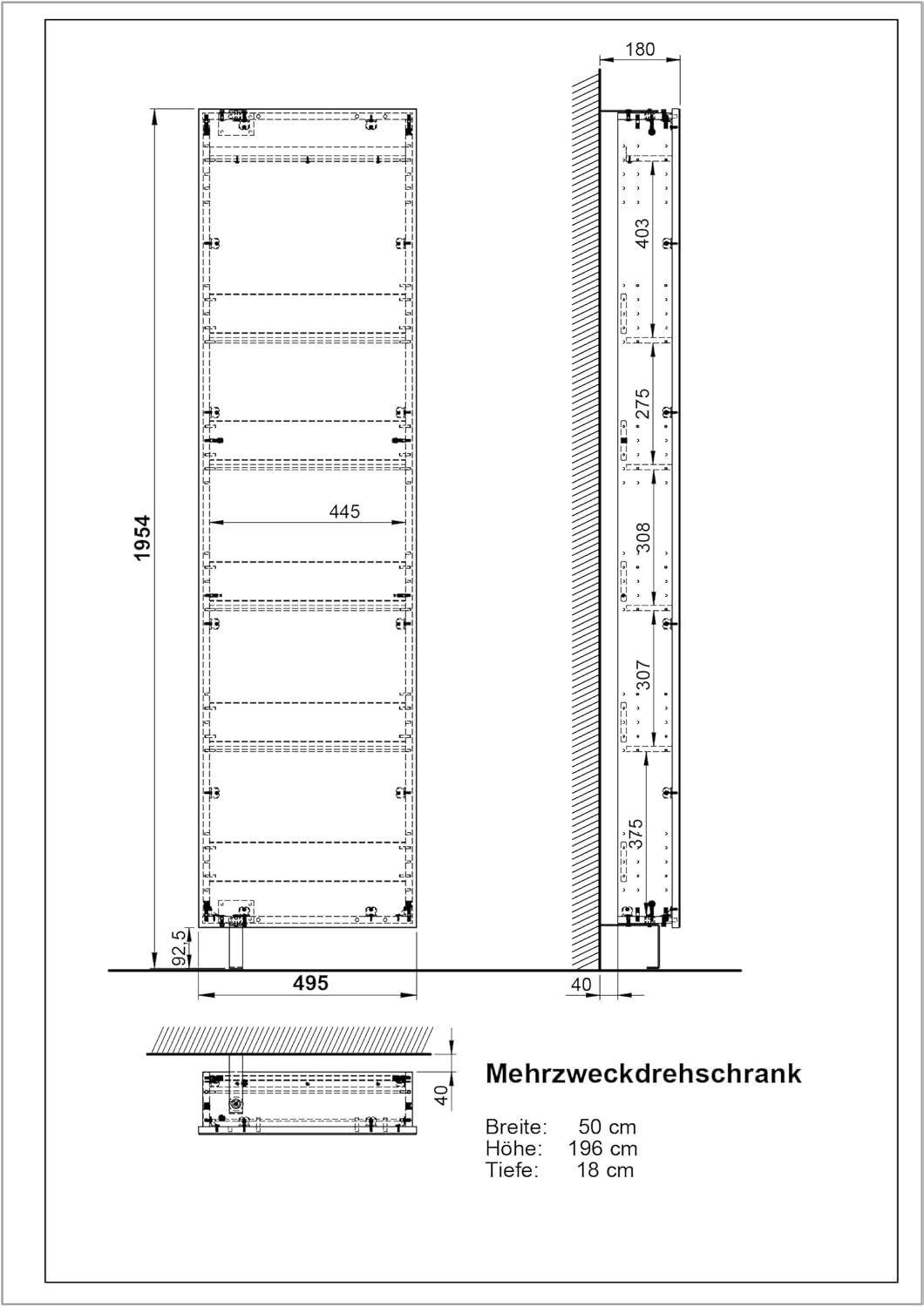 GERMANIA DIE MÖBELMACHER 1189-84 Multi-purpose 1 Door Rotary Cabinet, Chipboard, Glass, White, (L/H/D), 50 x 195 x 18 cm