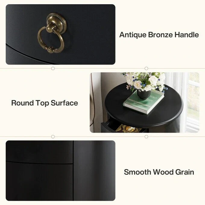 Round Solid Wood Nightstand with 4 Drawers