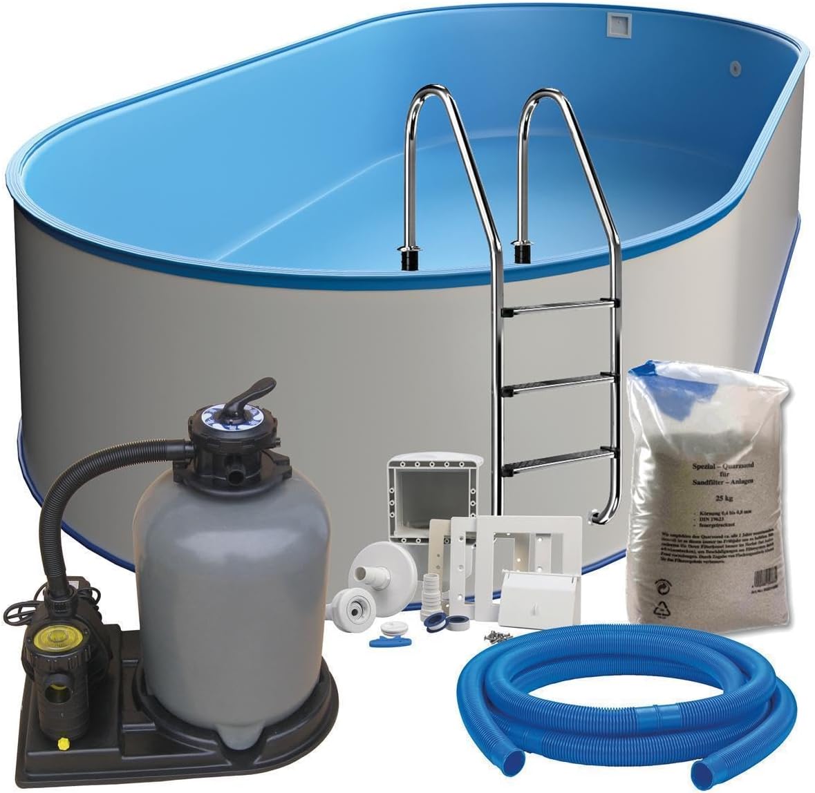 Piscina Set de ovales de pared de acero inoxidable (5,25 m x 3,20 m x 1,20 m), fabricado en Europa, con conductor de acero inoxidable para profundidades