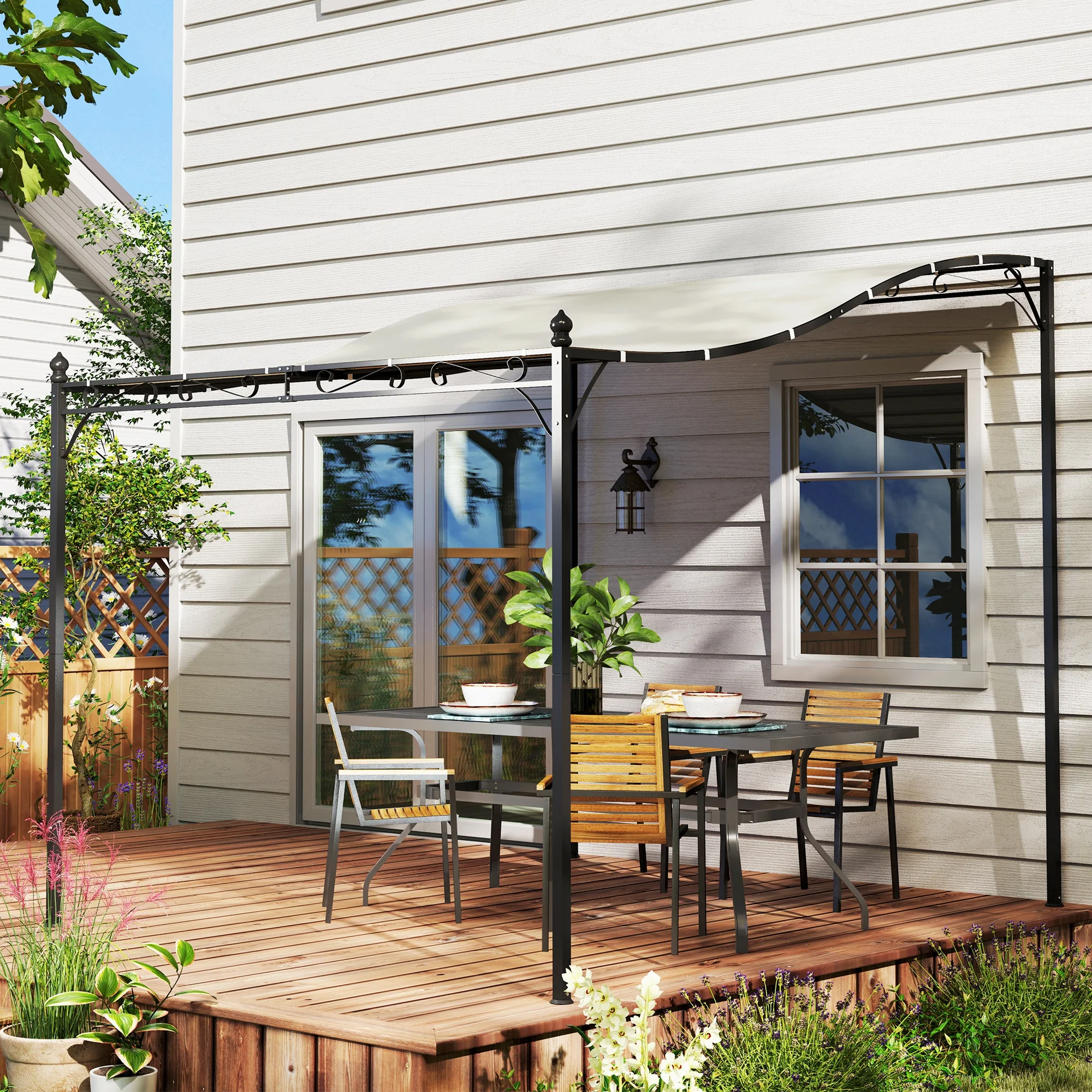 Outsunny 2,5 x 3 m Pergola, Wandgemonteerde Tuinpaviljoen, waterbestendig, Metalen frame, Afvoergaten, Schaduwdak, Crèmewit