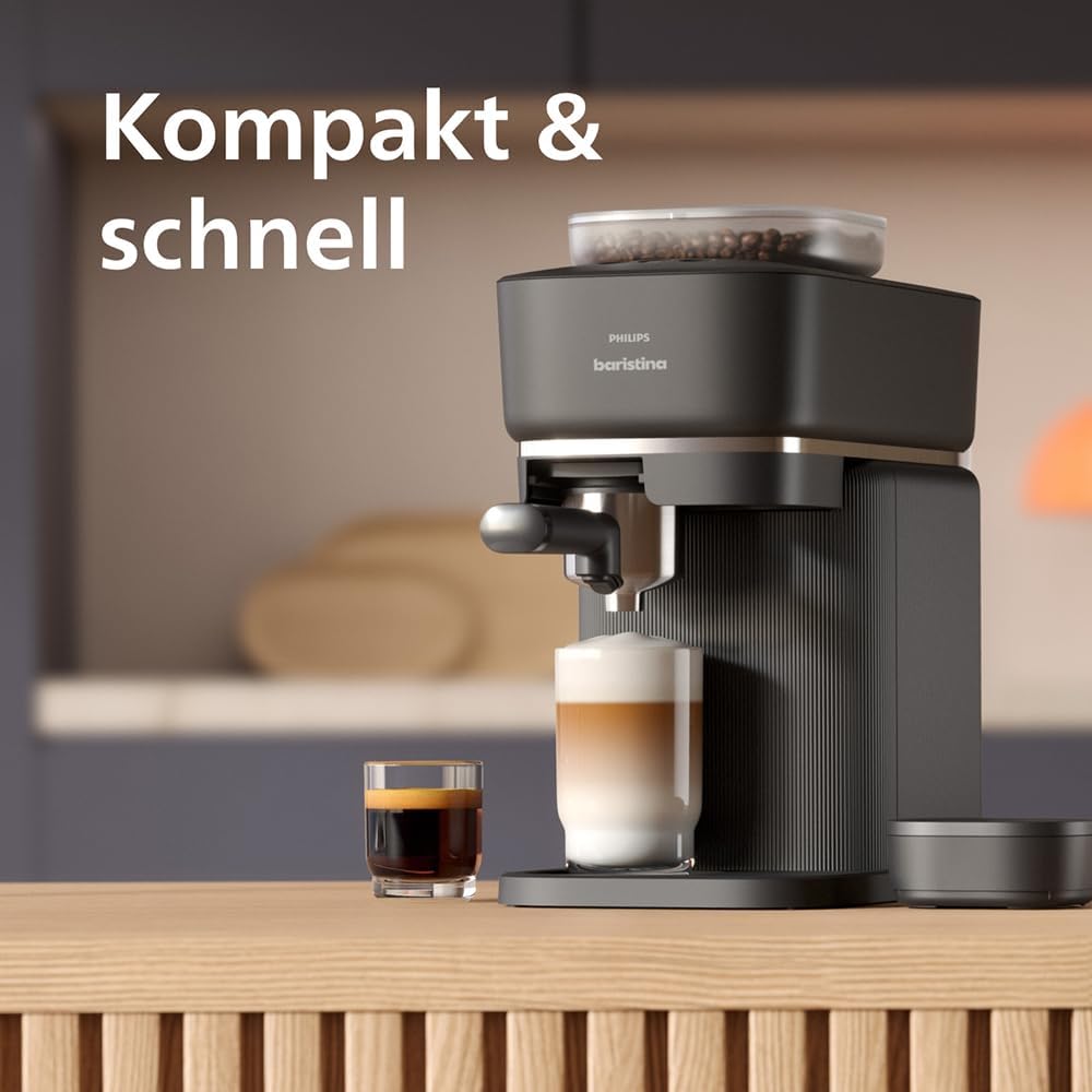 Baristina Espressomaschine und Milchaufschäumer Paket –Automatisches Mahlen, Tampen & Brühen, 16 Bar, Kaffeemaschine mit Mahlwerk & Siebträger, leichte Reinigung, Schwarzgrau (BAR308/60)