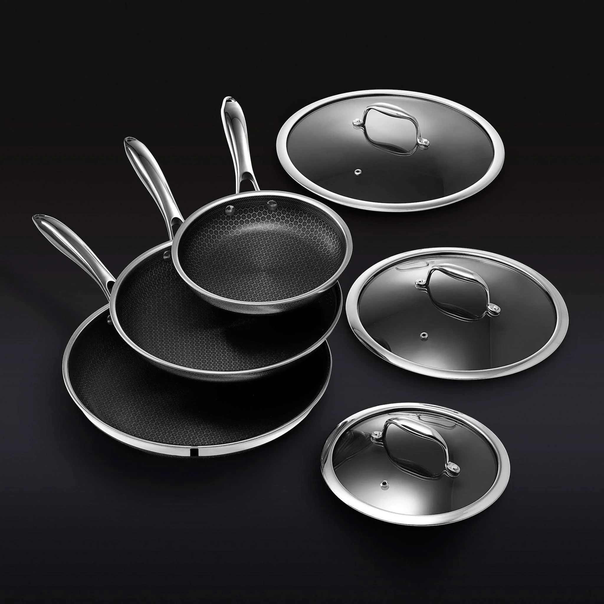 HexClad 6 Piece Hybrid Stainless Steel Cookware Pan Set 8 inch 10 inch 12 inch with Glass Lids Size: One size Black