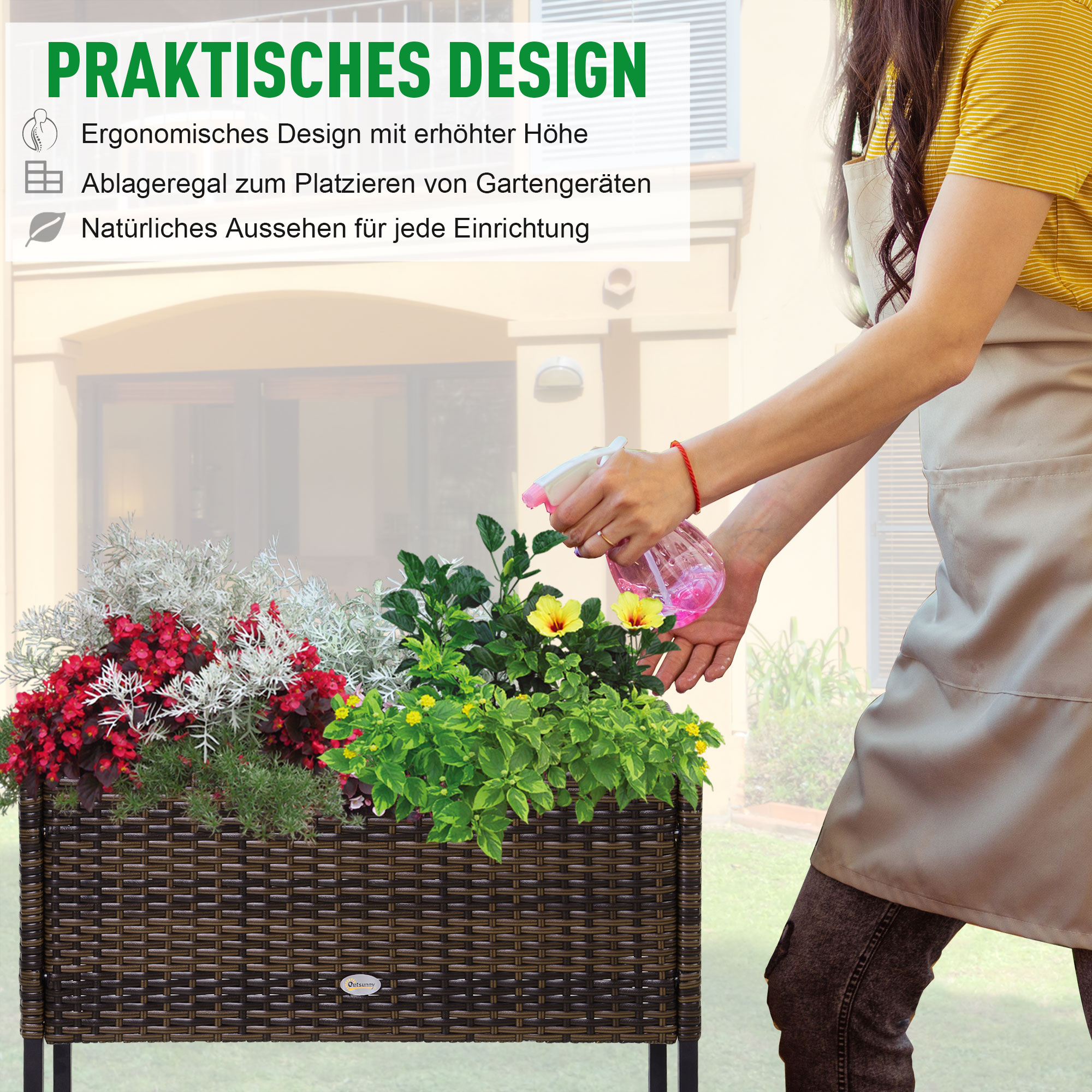 Outsunny Poly rotan bloembak met verhoogd bed en poten Bloempot met plank bruin 70 x 30 x 72 cm