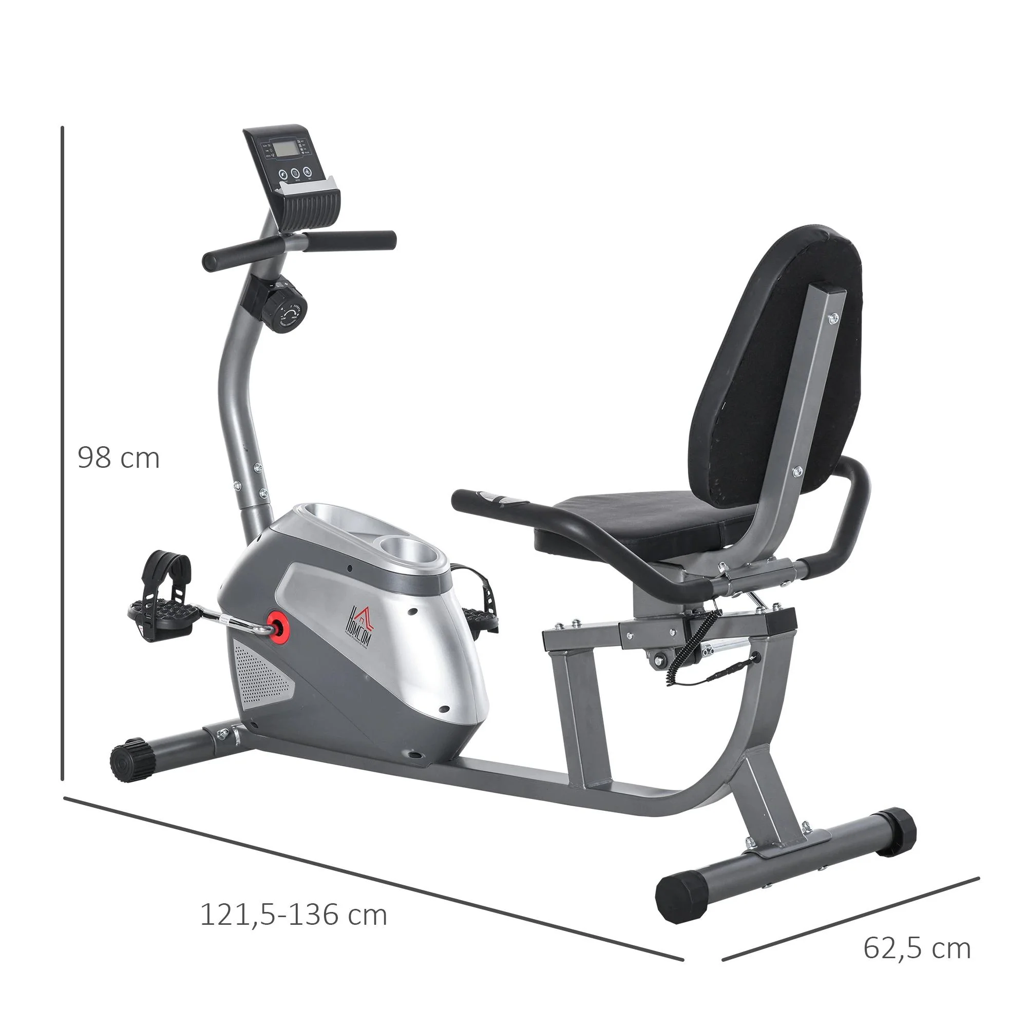 HOMCOM hometrainer fietstrainer vliegwiel hometrainer met 8 niveaus verstelbare magnetische weerstand verstelbare lengte magnetische weerstand wielen metaal ABS grijs + zilver 136 l x 62,5 b x 38 h cm