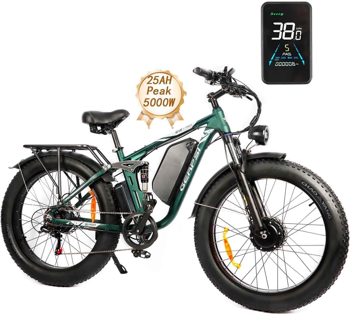 GERPSI Peak 5000W Dual Motor Ebike,Full Suspension E Bike Hydraulic Disc Brake,48V 25AH Battery Electric Bike for Adults,38MPH 85Miles Electric Bicycle for Adults,26''Fat Tire for All Terrain E-Bike