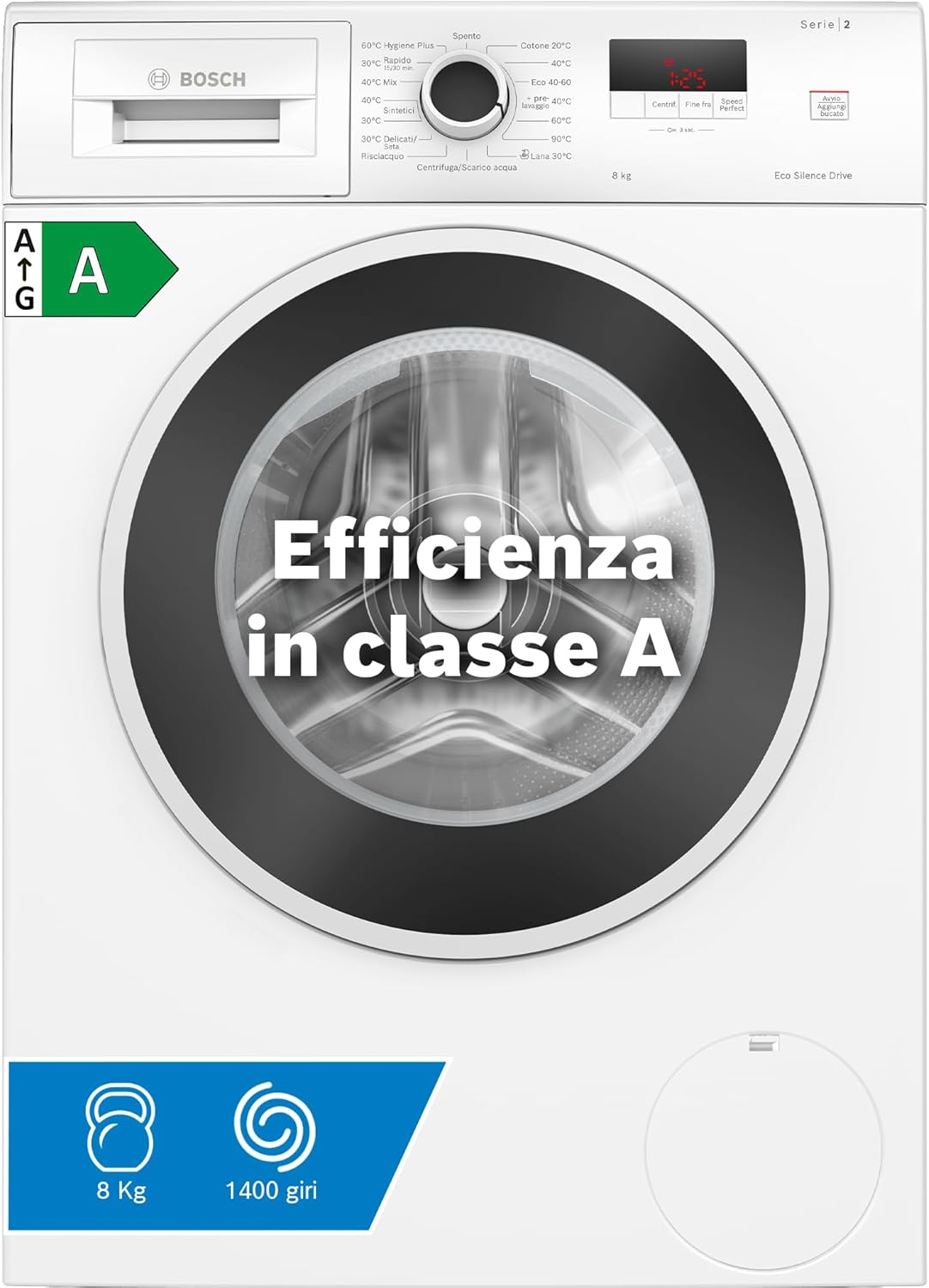 Bosch WGE03200IT Series 2 Front Loading Washing Machine, 8 kg, 1200 RPM, Energy Class A, Inverter Motor with 10 Year Warranty, Hygienic Wash Even At 40 °C, White, 60 cm