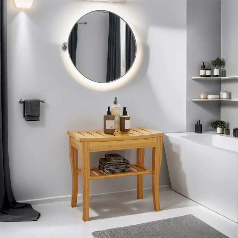 Extended Bamboo Shower Bench with Storage Shelf - Wooden Spa Stool