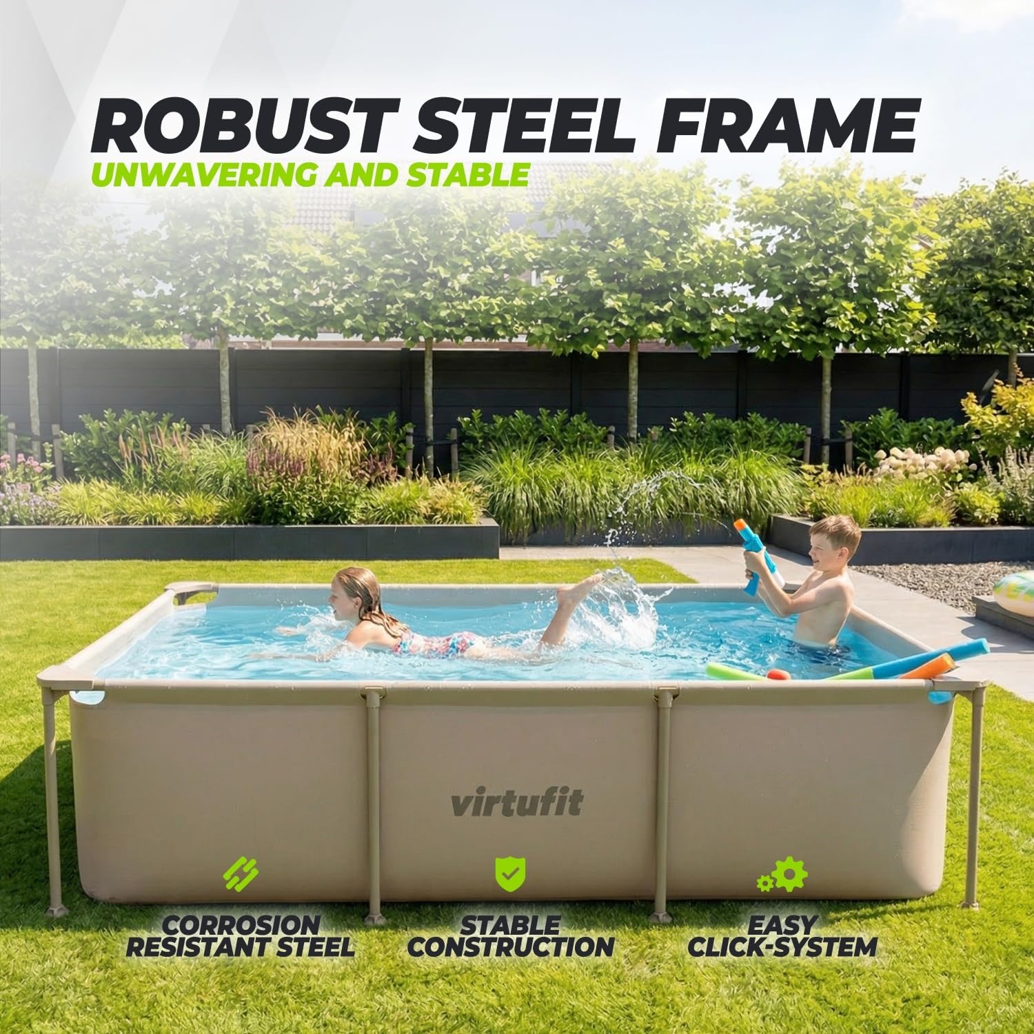VirtuFit Piscina rectangular de 260 x 180 x 66 cm, color beige, ahorra espacio, marco estable, incluye bomba de filtro