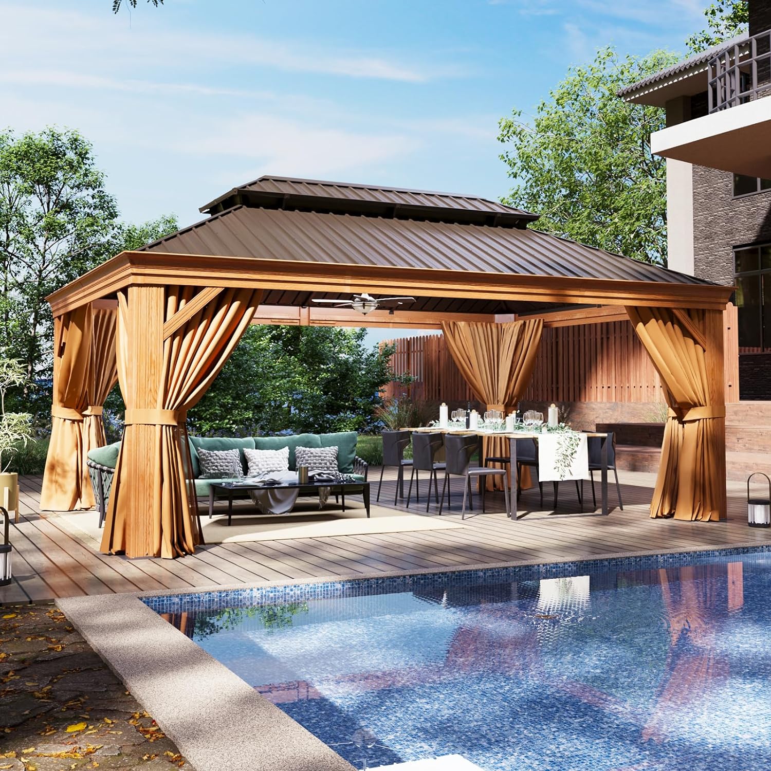 Wood Grain Hardtop Gazebo with Rain Gutter
