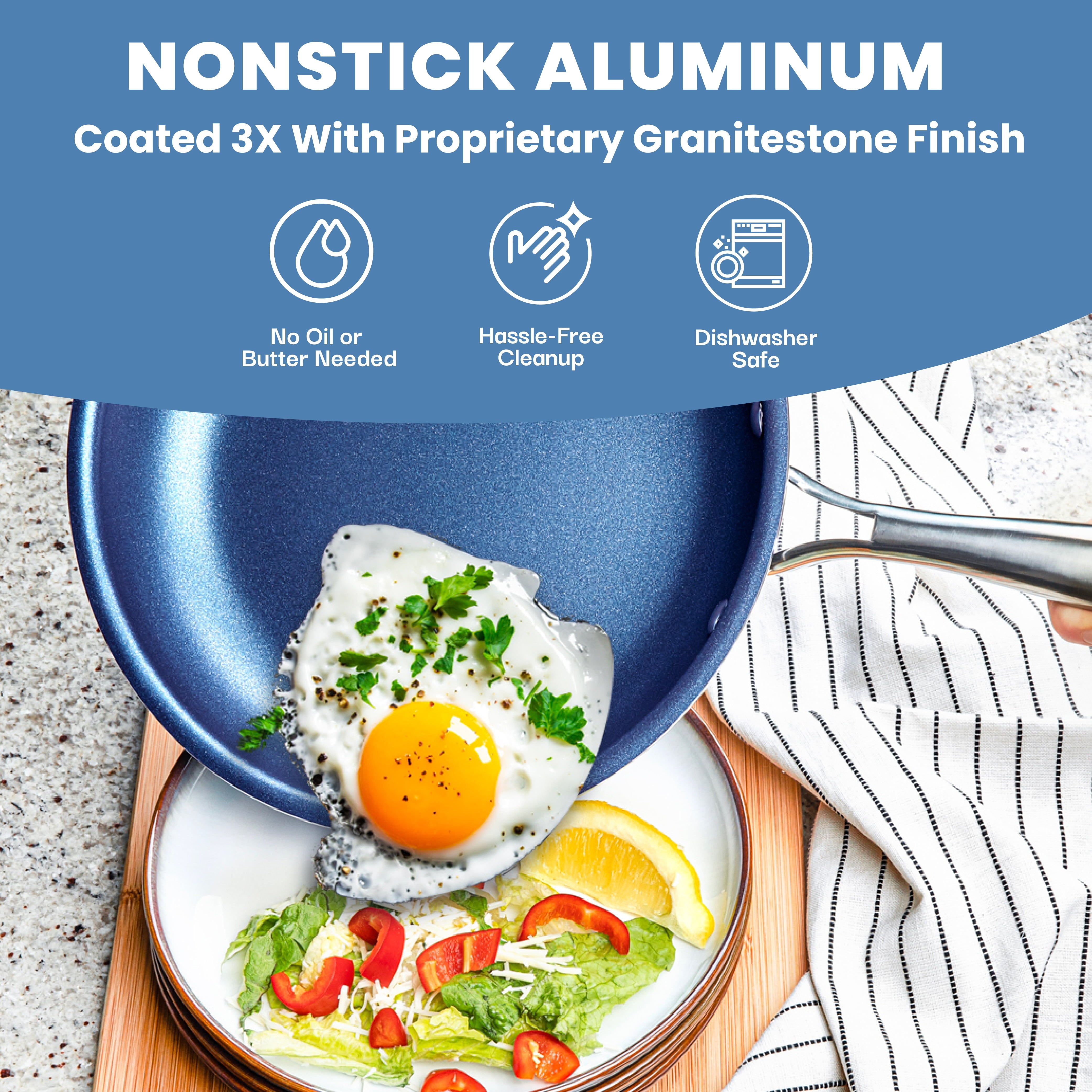 Granitestone Nonstick Pots and Pans 20 Pcs Kitchen Cookware Bakeware Set Cooking Frying Skillet Sauce Pan Blue