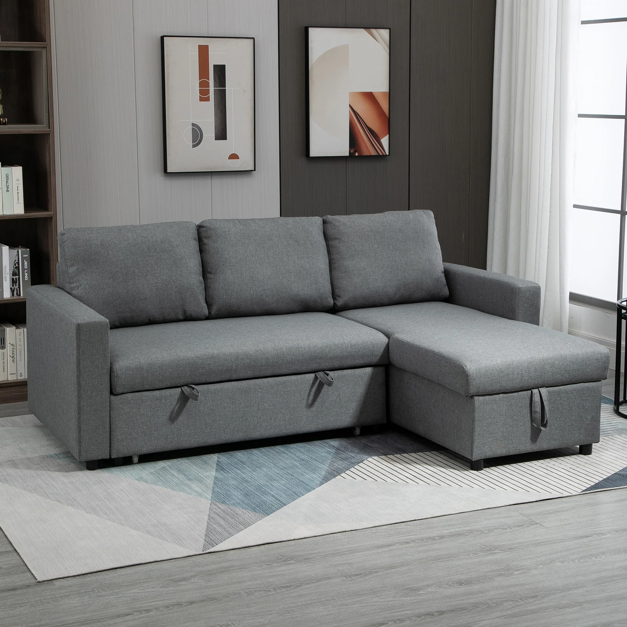 HOMCOM hoekbank met slaapfunctie opbergruimte hoekbank met bedstee chaise longue slaapbank stoffen bank L-vorm linnen touch lichtgrijs 211,5 x 146 x 85 cm