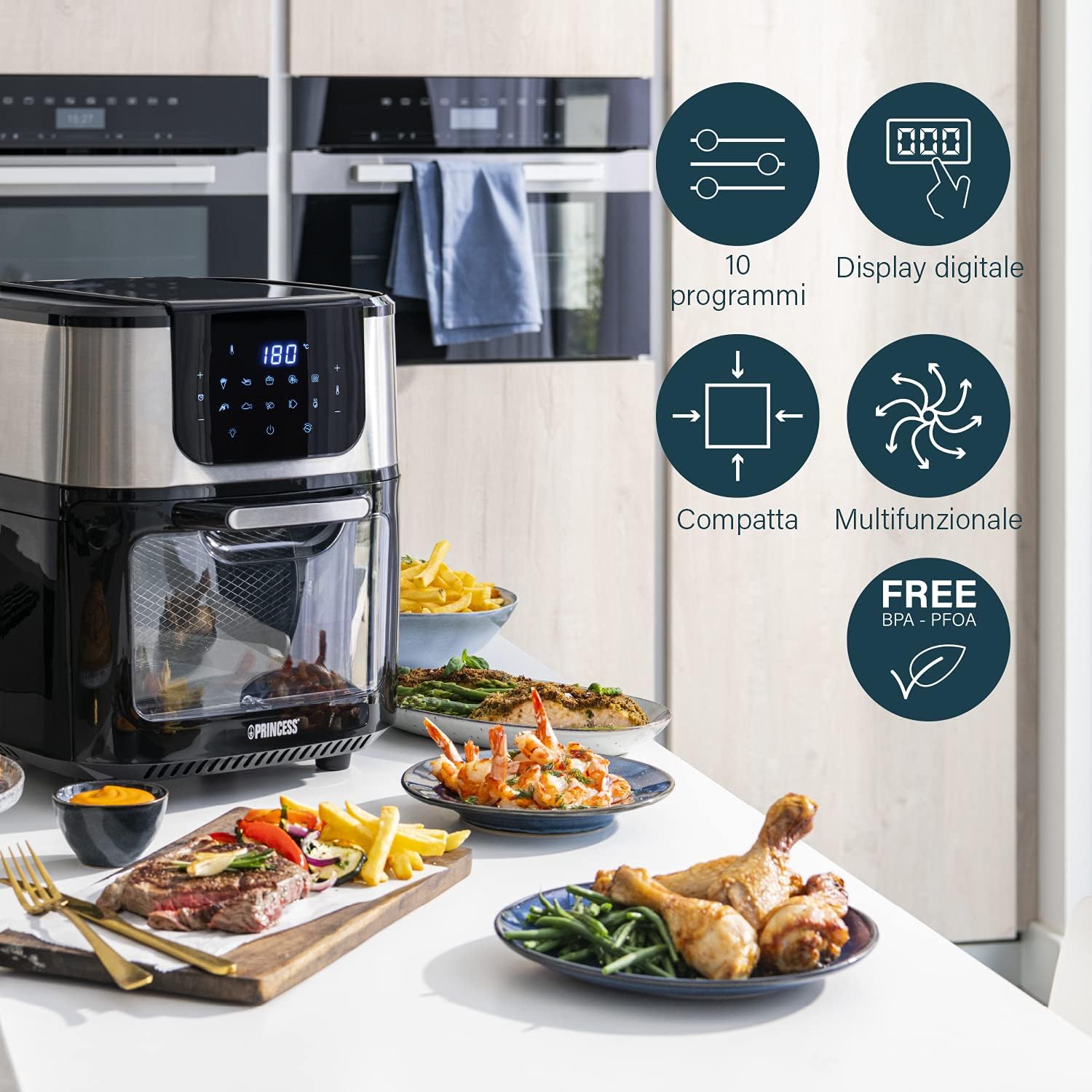 Princess Deluxe Oven Air Fryer - 11L - 1800W - Digital Touch Screen - 10 Preset Programs - Poultry and Basket Included - Stainless Steel - 182075