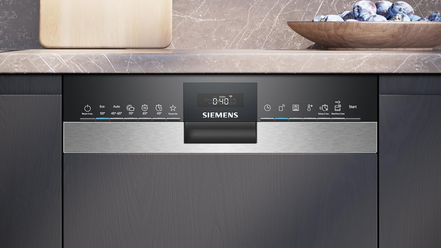 Siemens SR53HS74KE, iQ300, Smarter teilintegrierter Geschirrspüler, 45 cm, Eco 50°C Programm, varioSpeed Plus, höhenverstellbarer Oberkorb, Rackmatik, Kindersicherung, LED-Innenbeleuchtung, Edelstahl