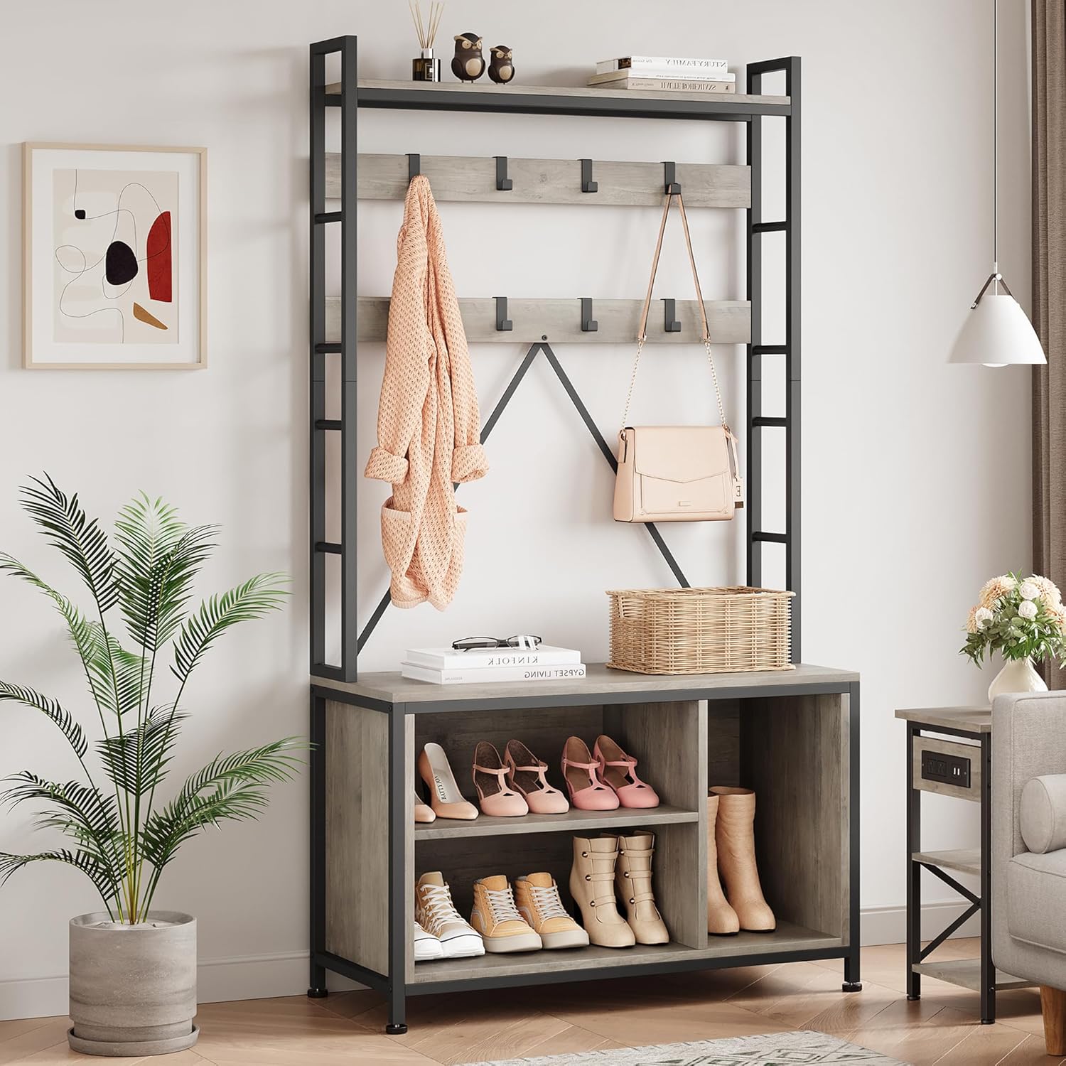 IDEALHOUSE Hall Tree with Bench Coat Rack Shoe Bench Industrial Coat Tree with Storage Cubbies Entryway Coat Rack with Shoe Storage