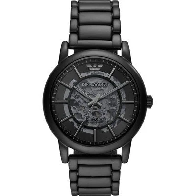 Emporio Armani Meccanico Skeleton Black Dial Black Steel Strap Watch AR60045
