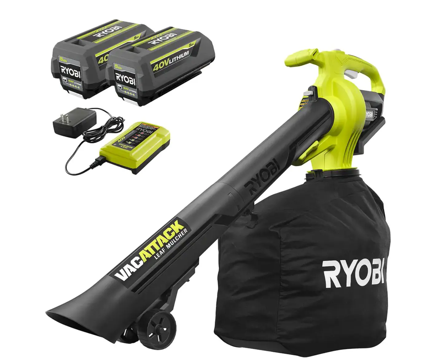 2025 RYOBI RY40451-2B 40V Vac Attack Aspiradora de Hojas Inalámbrica/Mulchadora con (2) Baterías de 5.0 Ah y (1) Cargador
