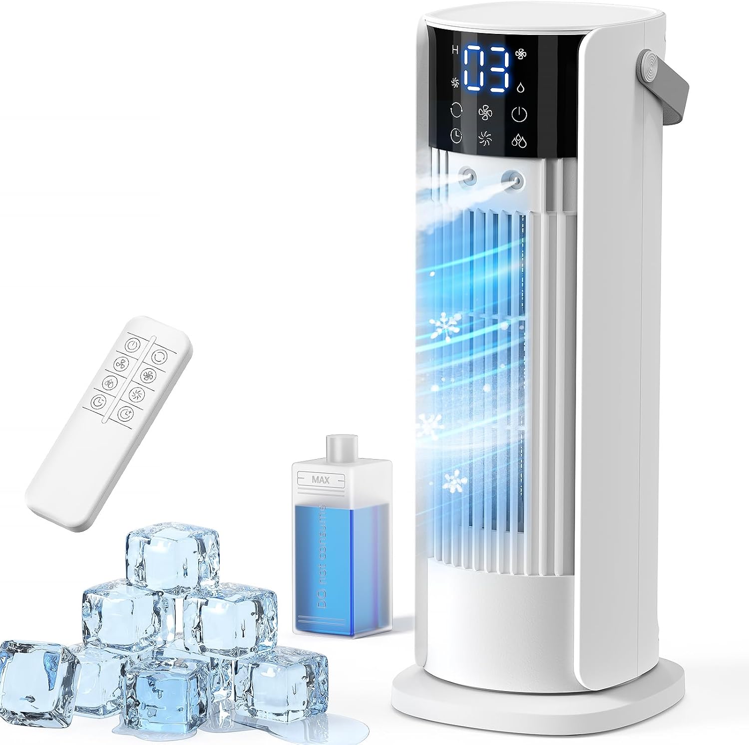 Mobile Klimaanlage, Mini Klimaanlage con Tanque de 900ml, 4-In-1 Luftkühler mit Wasserkühlung, 3 Gebläsestufen, 90° Oszillation, LED-Display, Leise Klimaanlage mit Luftbefeuchter (Reinweiß)